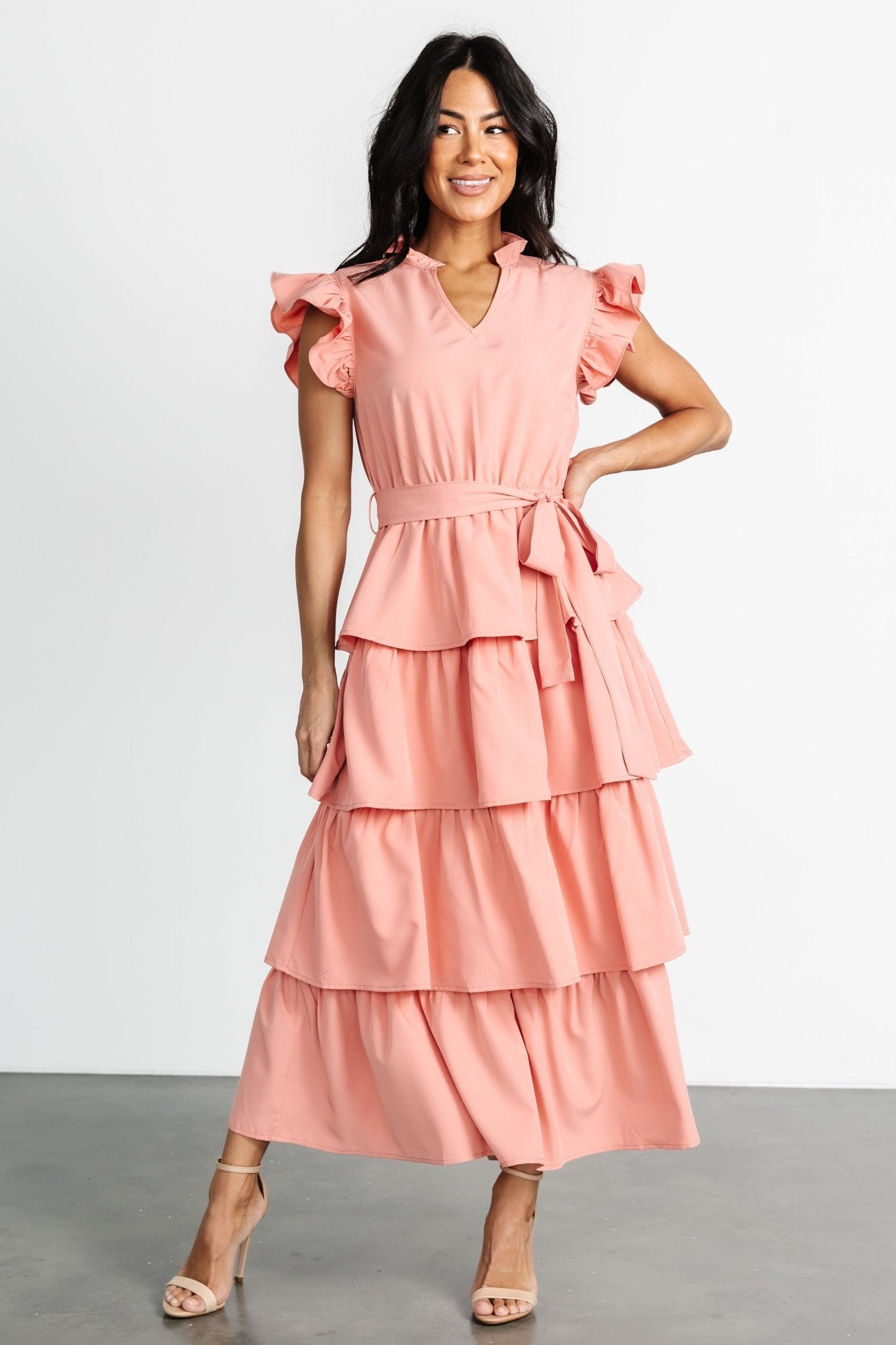 Chrysanthi Tiered Maxi Dress with Flutter Sleeves - Dusty Coral