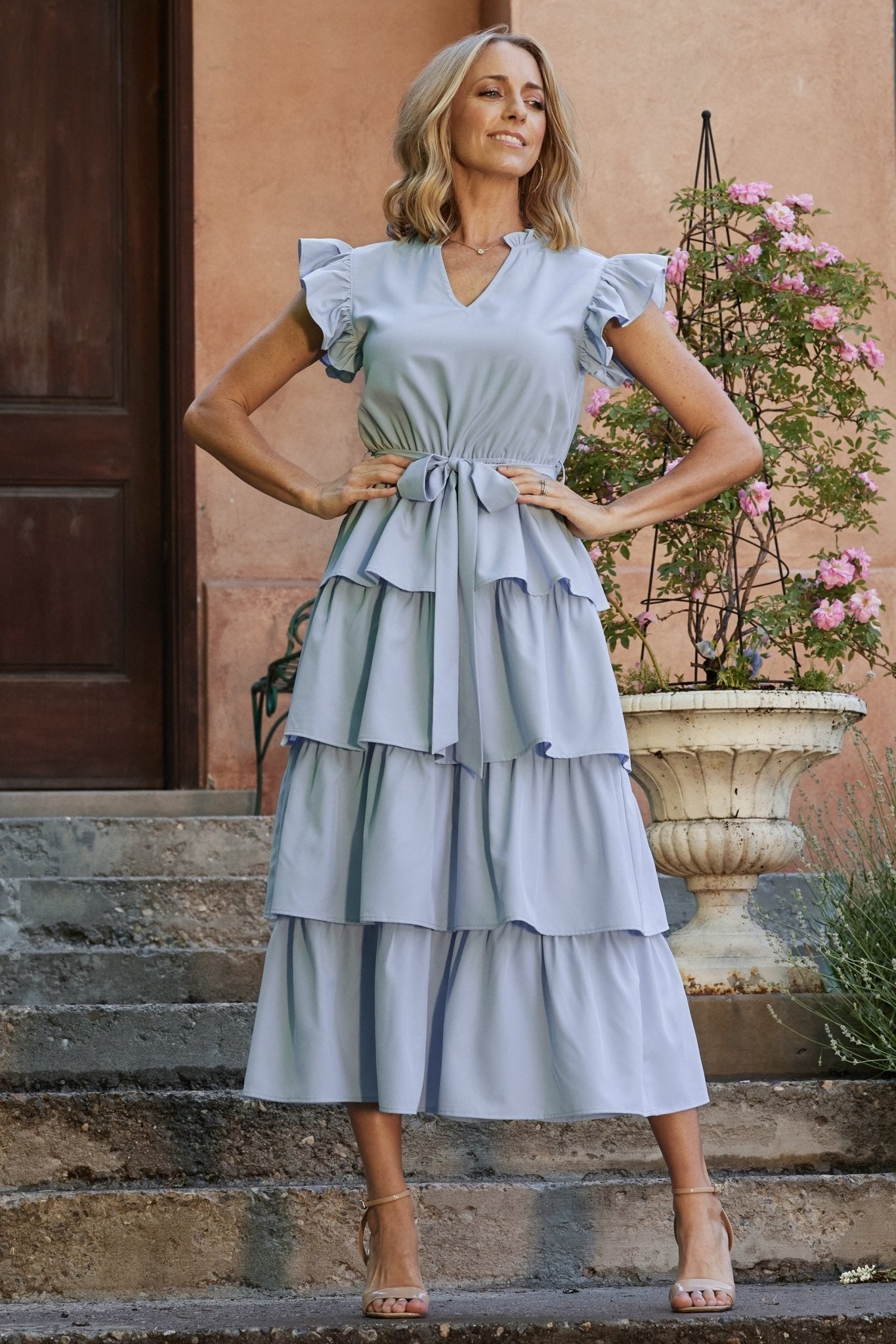 Light Blue Chrysanthi Tiered Maxi Dress with Ruffle Detail