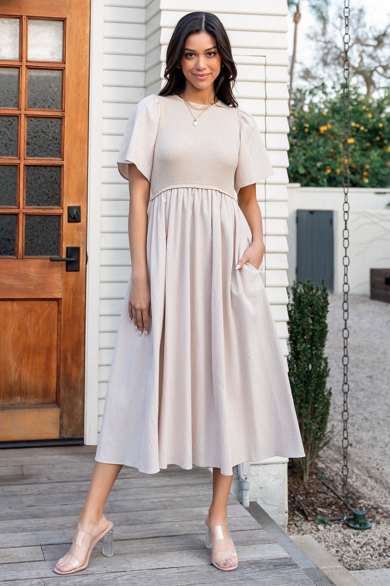 Natural Sweater Dress with Pockets - Cici Knit Flutter Sleeve Dress