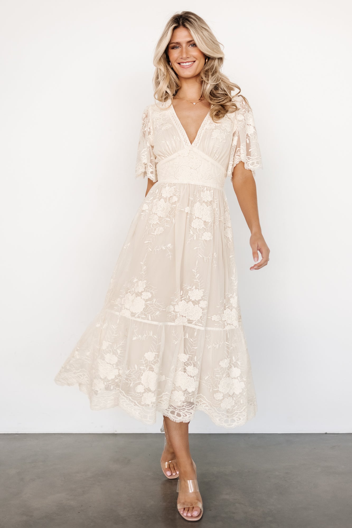 Clarisa Vintage Cream Lace Midi Dress with V-Neck & Scalloped Hem