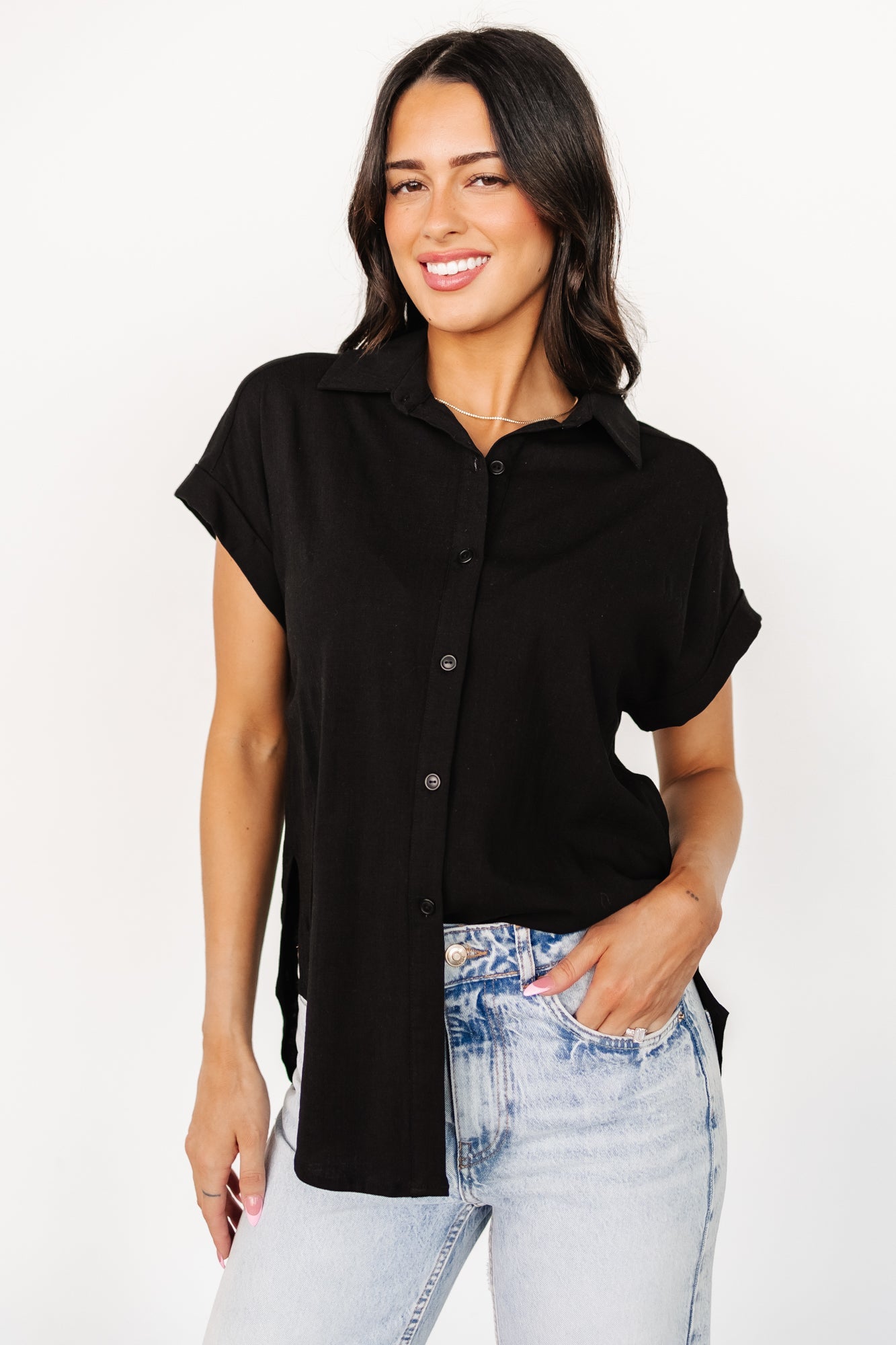 Black Linen Blend Button Up Shirt for Women - Clarke Nursing Friendly Top