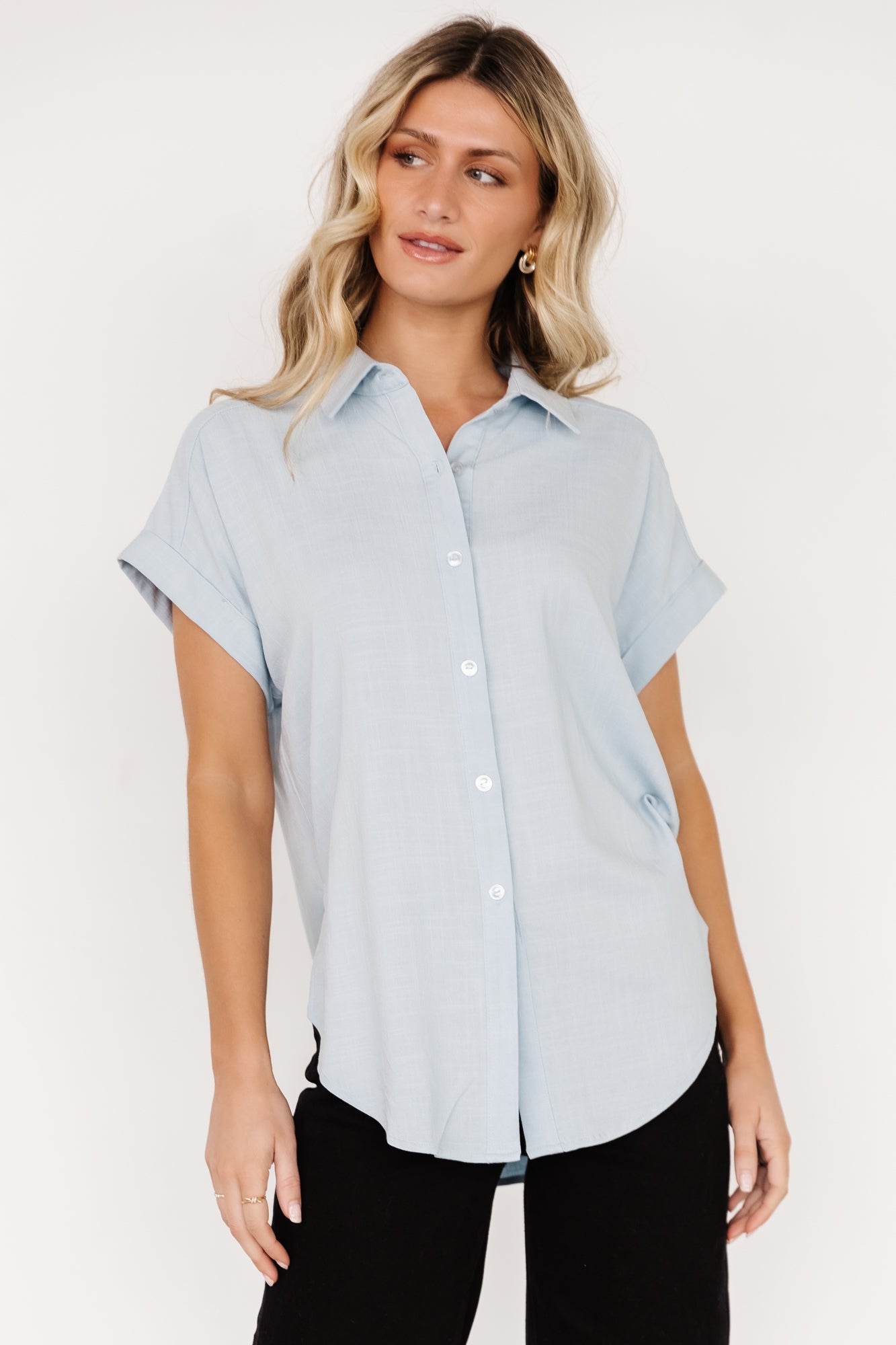 Light Blue Linen Blend Button Up Shirt | Clarke Nursing Friendly Top