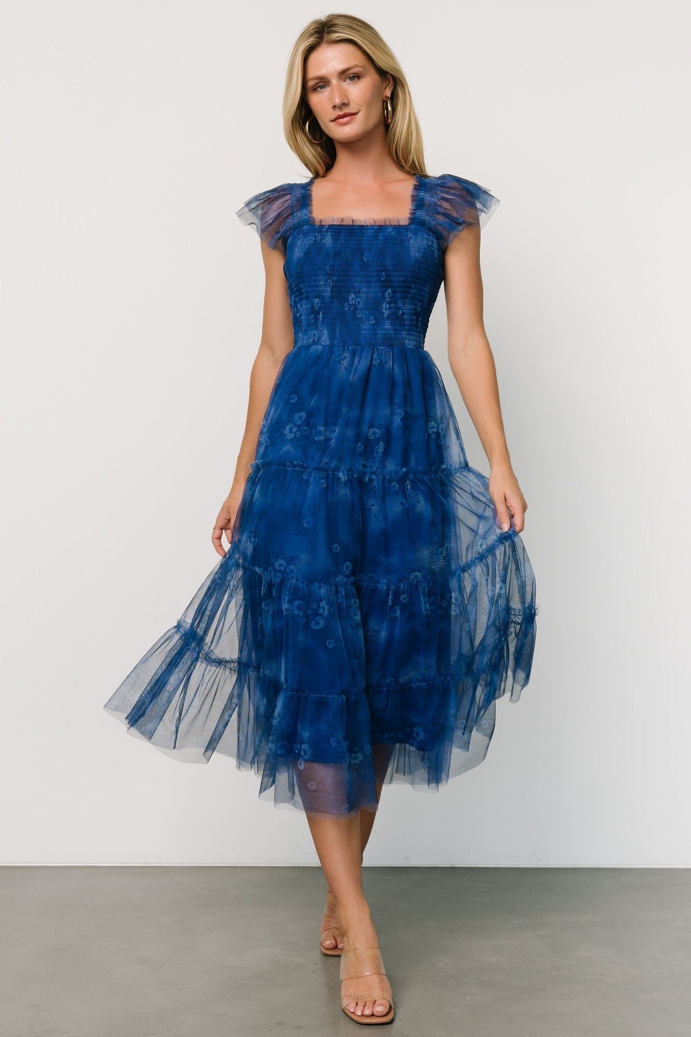 Baltic Born Cobalt Blue Tulle Midi Dress with Ruffled Neckline