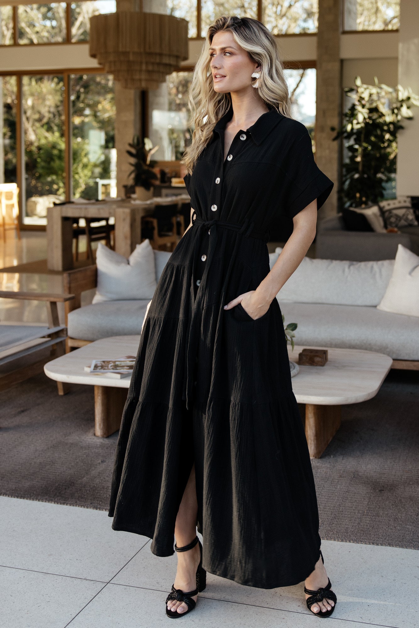 Black Button Up Maxi Dress with Pockets – Nursing Friendly Cotton