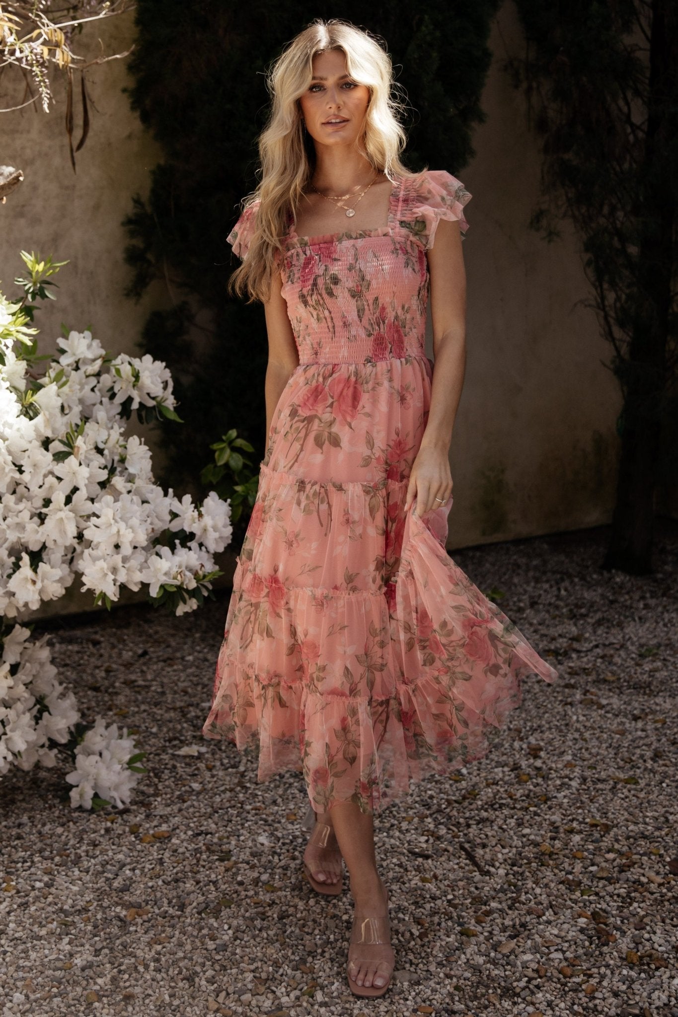 Pink Rose Floral Tulle Midi Dress by Baltic Born