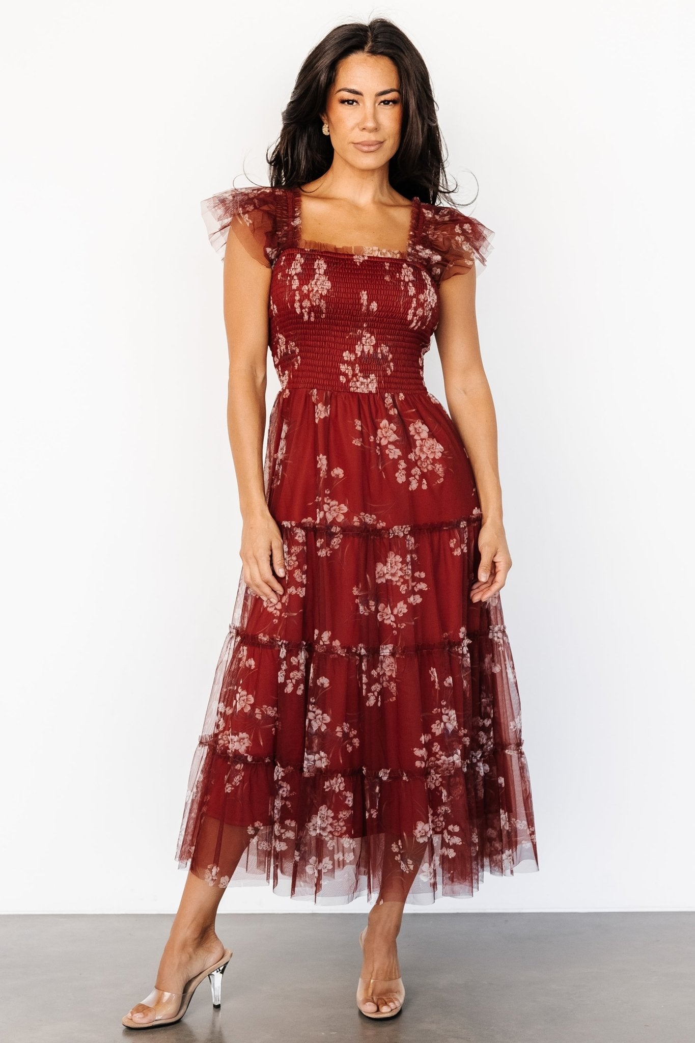 Rust Floral Tulle Midi Dress by Baltic Born | Bump Friendly