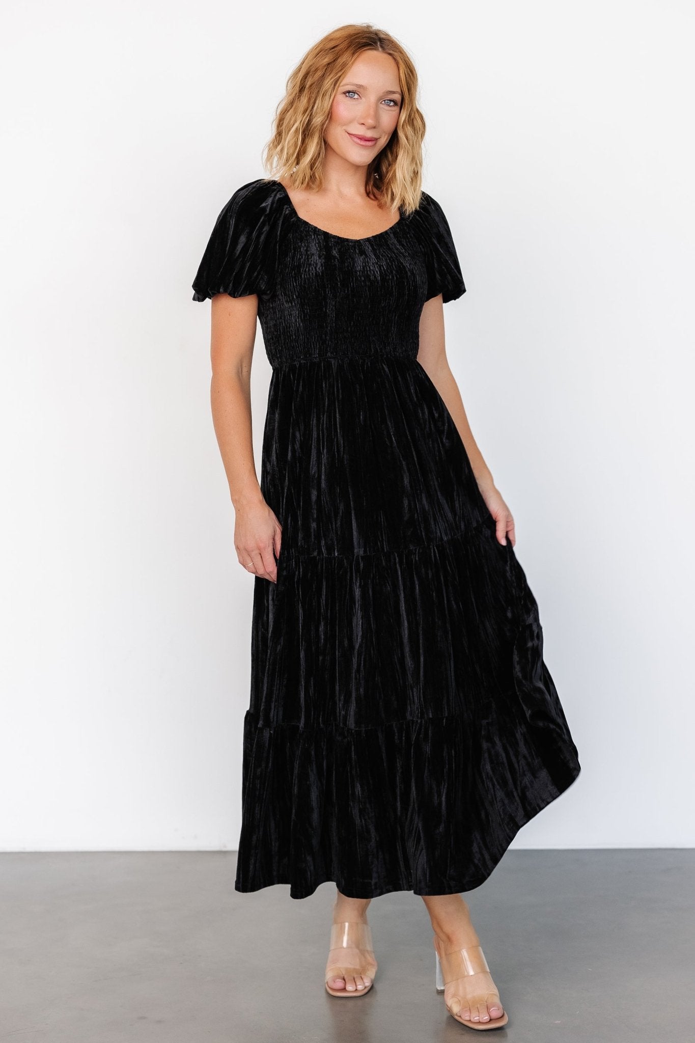Black Velvet Maxi Dress with V-Neck & Tiered Skirt | Baltic Born