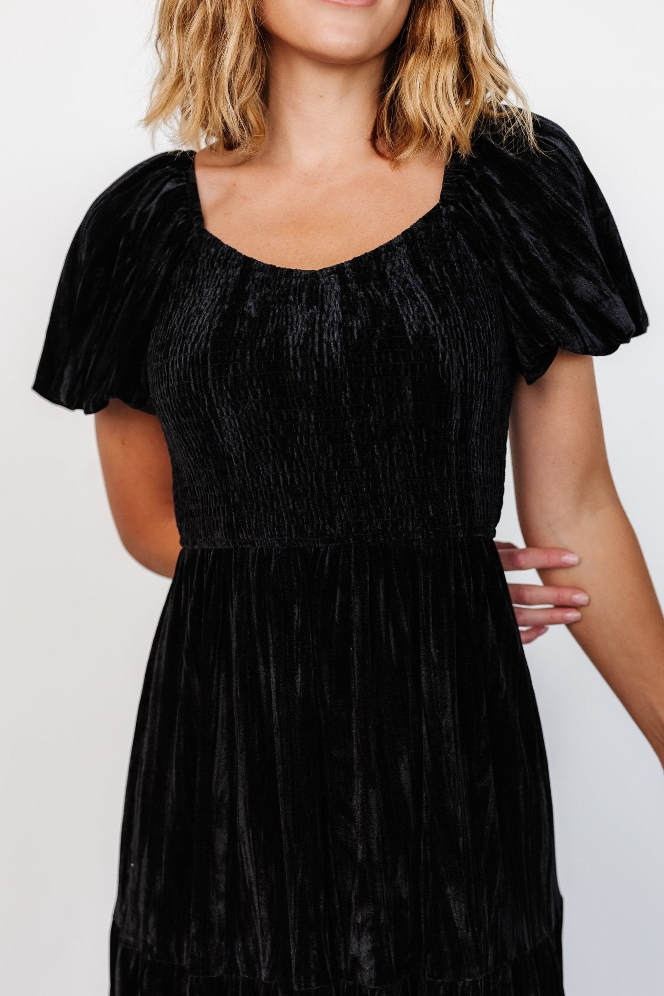 Black Velvet Maxi Dress with V-Neck & Tiered Skirt | Baltic Born
