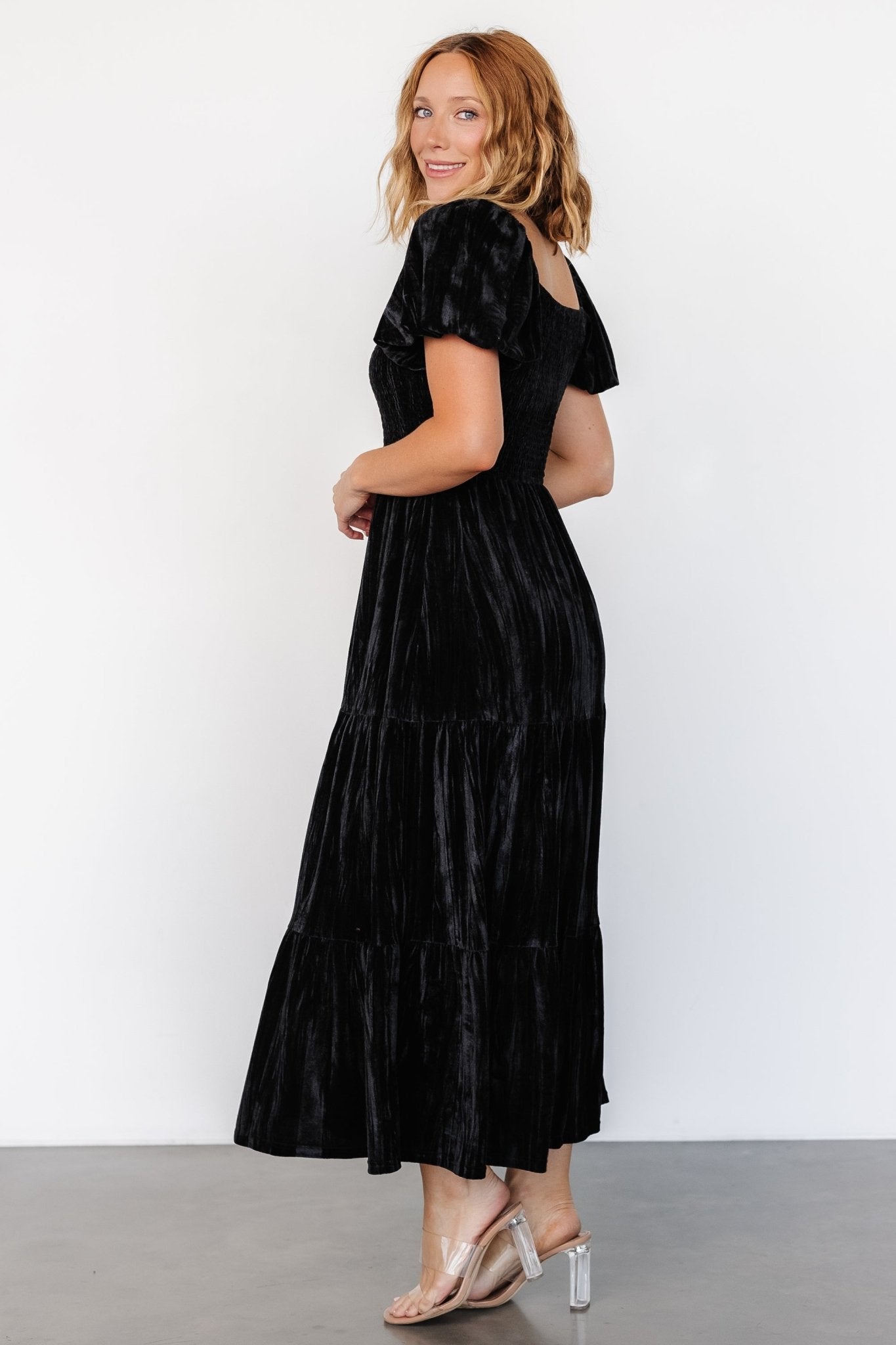 Black Velvet Maxi Dress with V-Neck & Tiered Skirt | Baltic Born