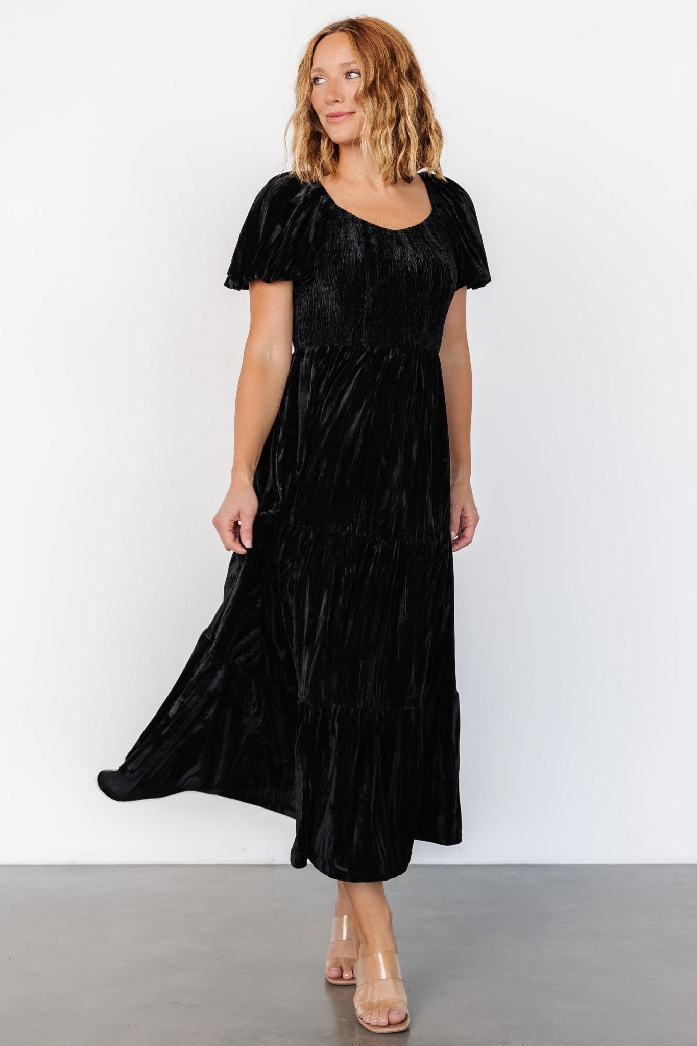 Black Velvet Maxi Dress with V-Neck & Tiered Skirt | Baltic Born