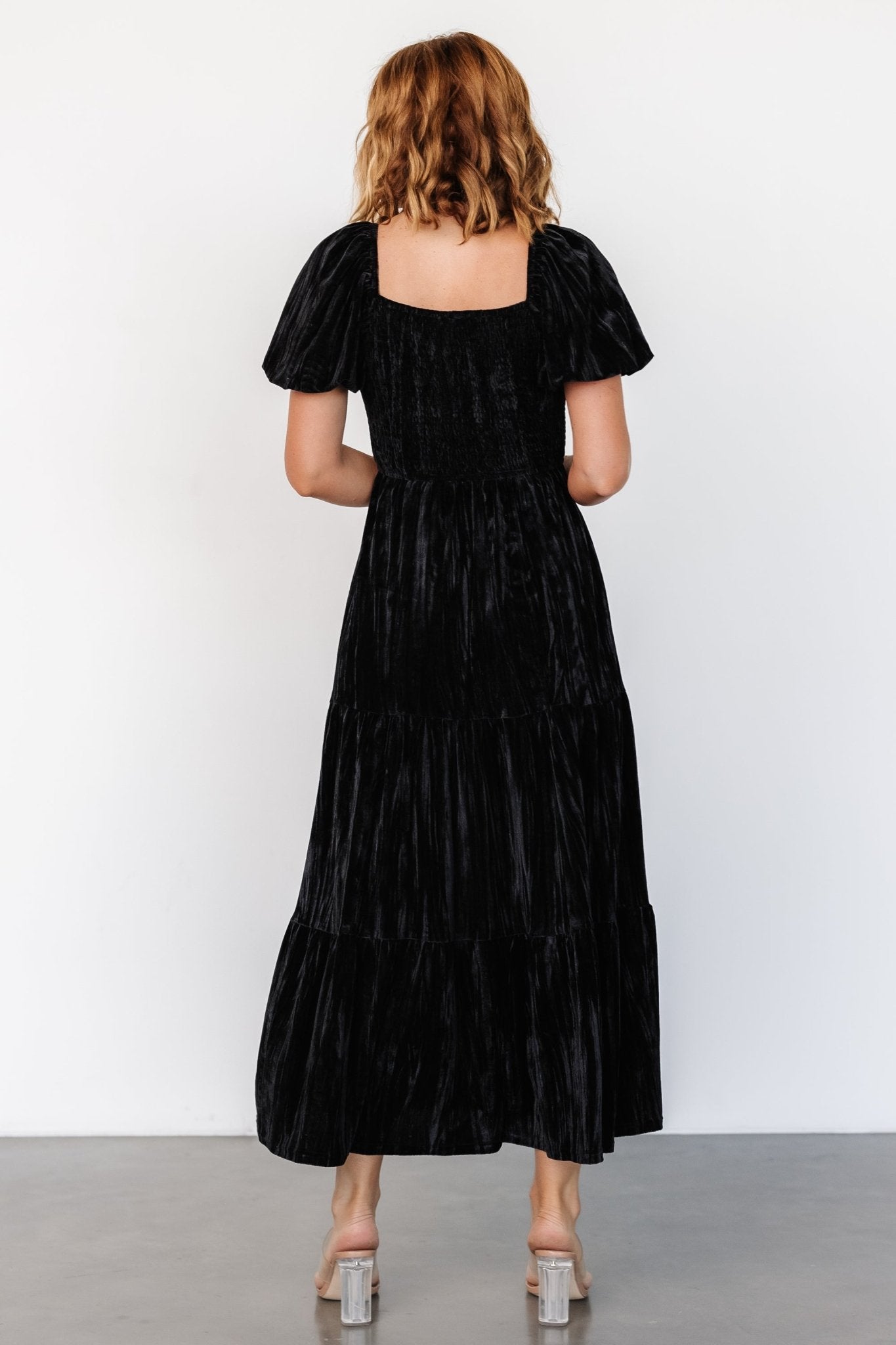 Black Velvet Maxi Dress with V-Neck & Tiered Skirt | Baltic Born