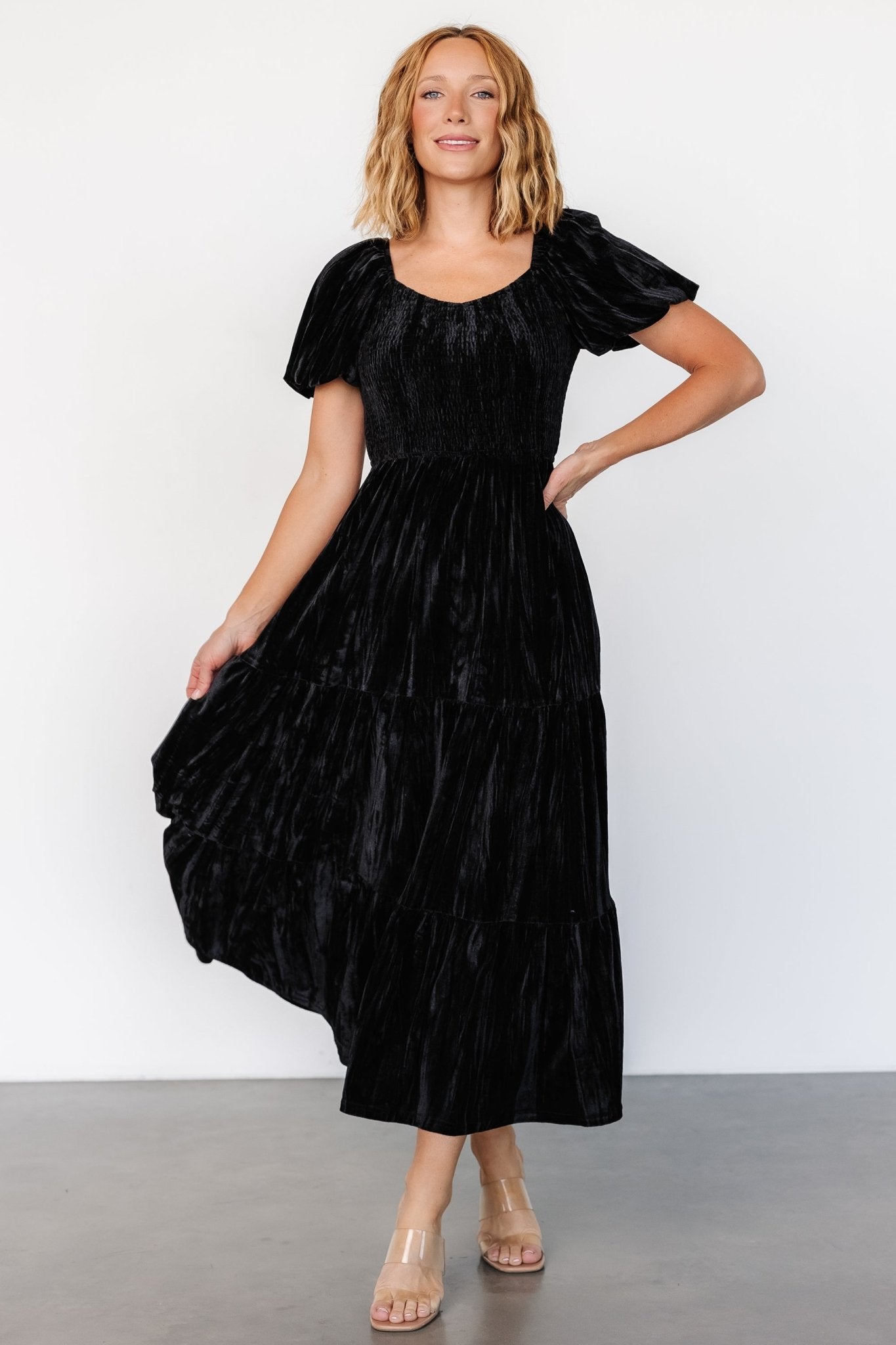 Black Velvet Maxi Dress with V-Neck & Tiered Skirt | Baltic Born