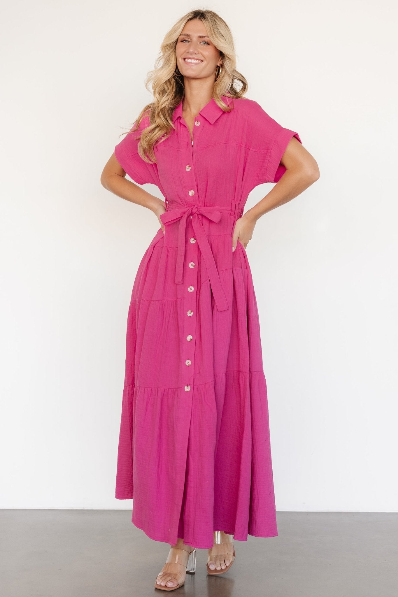 Pink Aizey Cotton Button Up Maxi Dress with Pockets