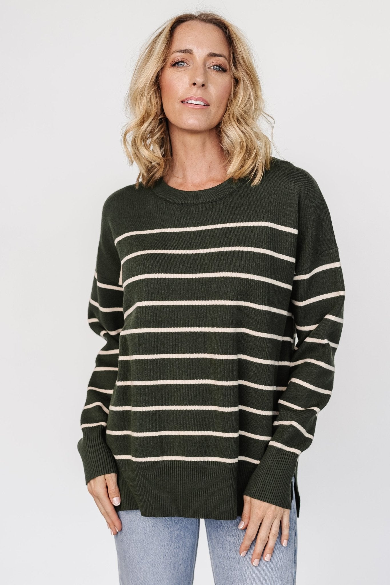 Women's Striped Knit Sweater in Pine Green - Soft Ribbed Long Sleeve