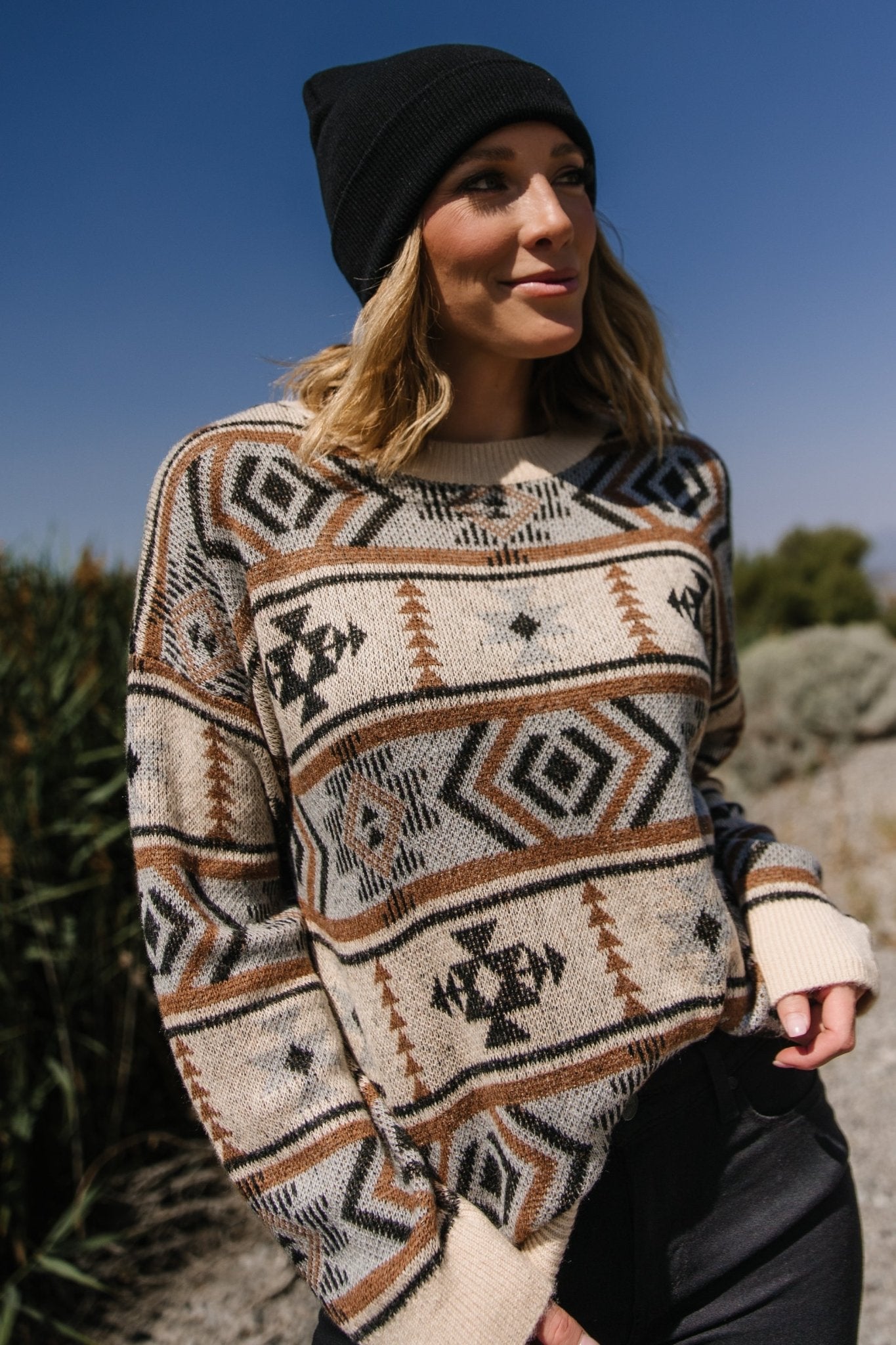 Tan Multi Print Conrad Knit Sweater | Cozy Long Sleeve Pullover