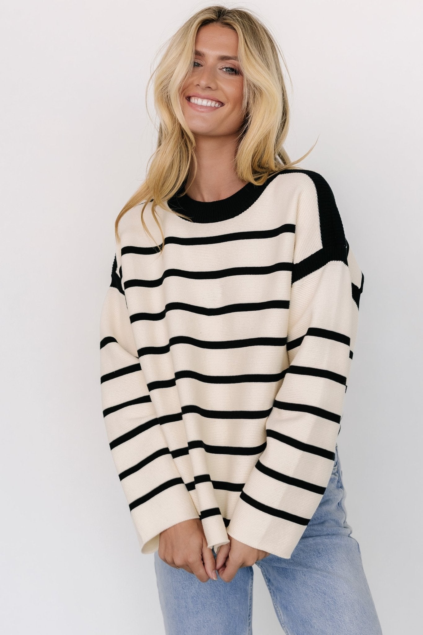 Cream & Black Striped Cotton Sweater | Conway Cozy Knit Top
