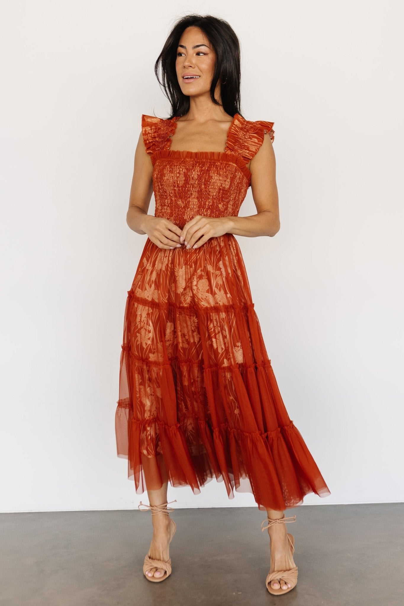 Baltic Born Cora Rust Floral Smocked Tulle Midi Dress