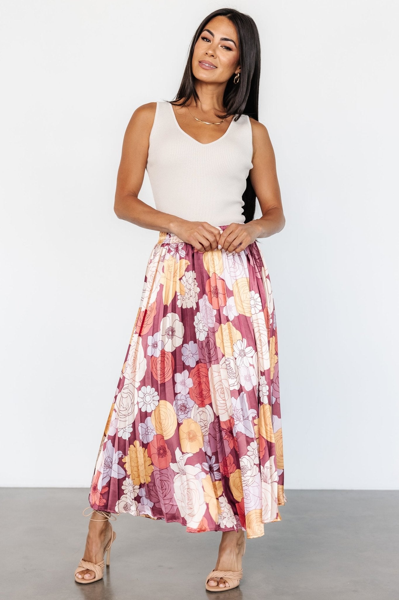 Baltic Born Cori Pleated Skirt - Deep Mauve Floral Satin