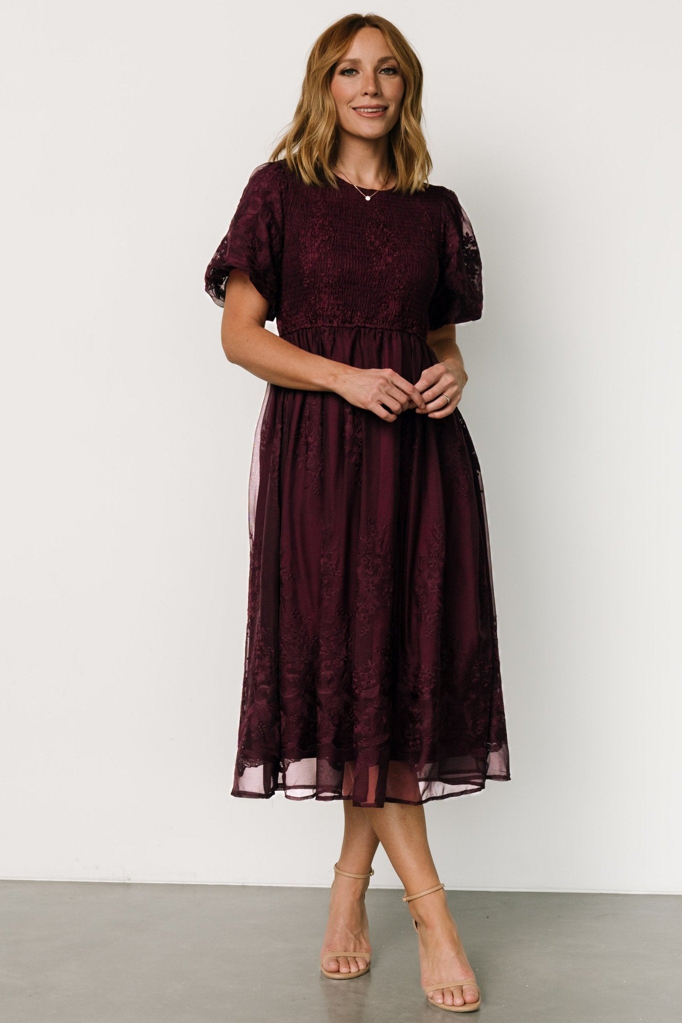 Floral Embroidered Midi Dress in Mulberry | Corrine Georgette