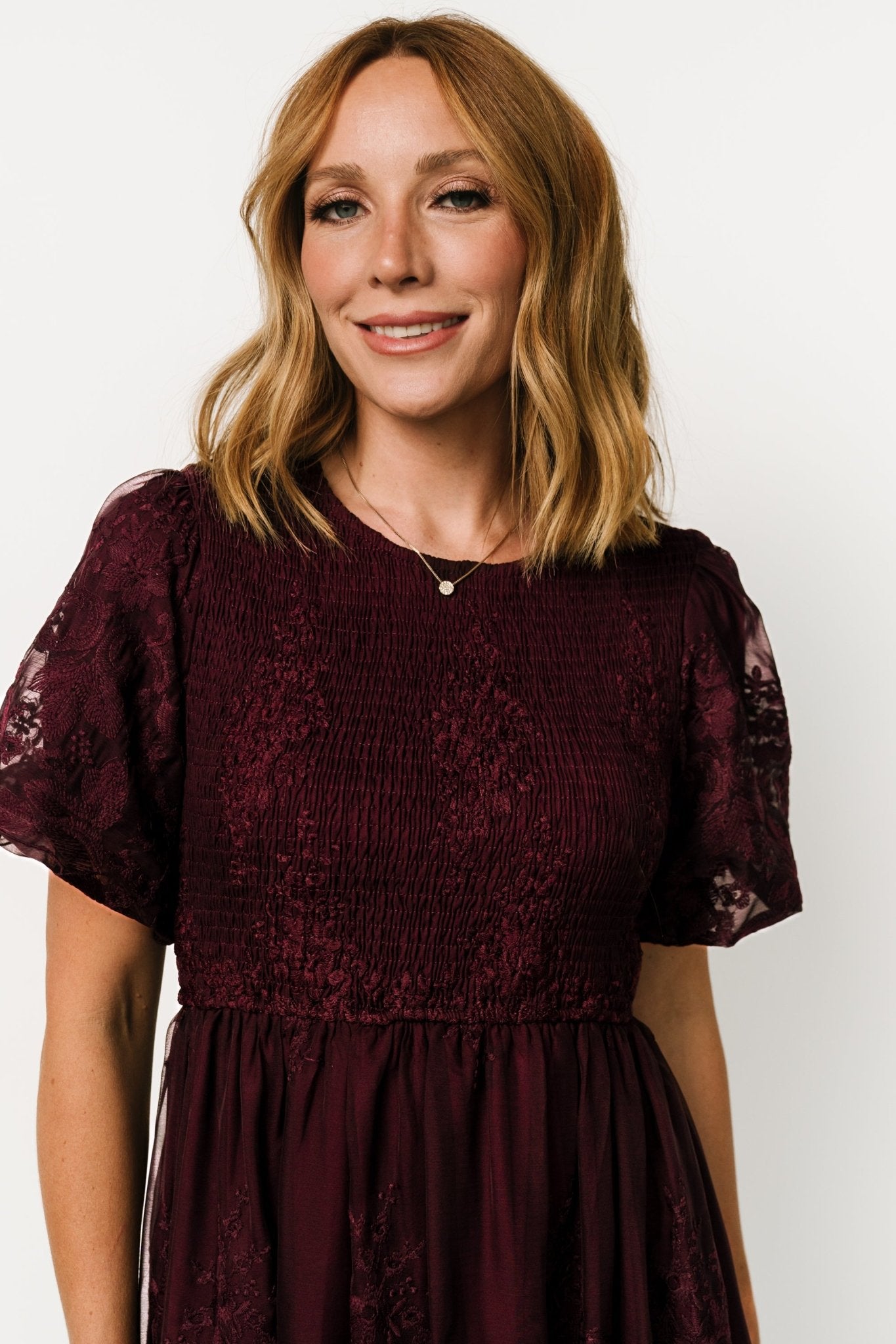 Floral Embroidered Midi Dress in Mulberry | Corrine Georgette