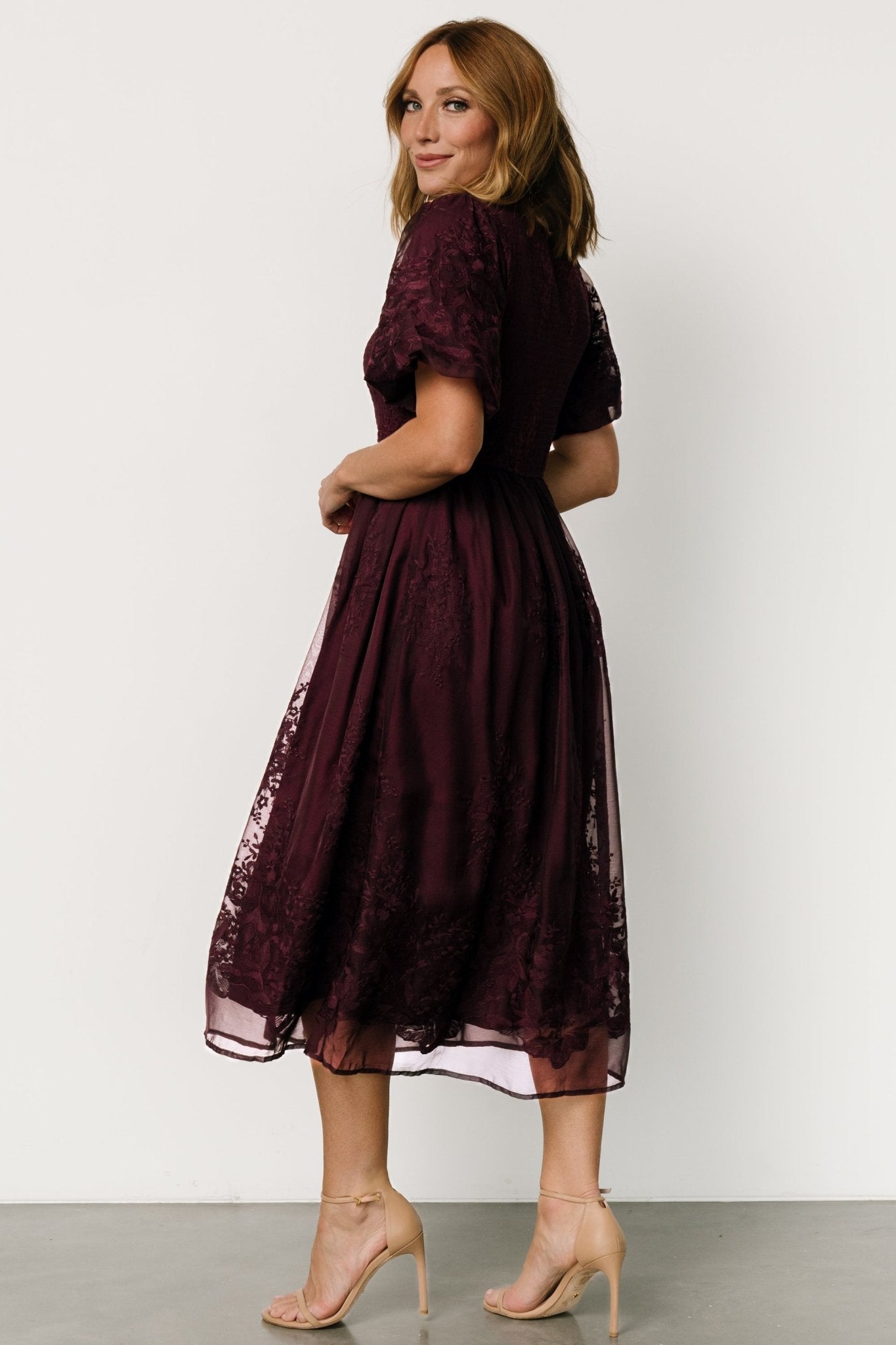 Floral Embroidered Midi Dress in Mulberry | Corrine Georgette
