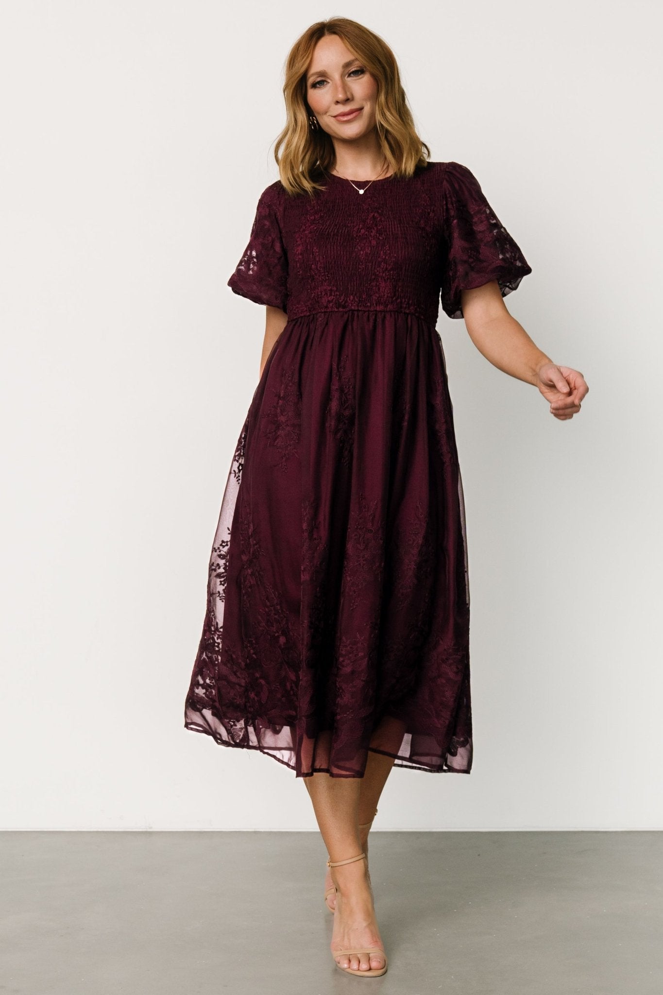 Floral Embroidered Midi Dress in Mulberry | Corrine Georgette