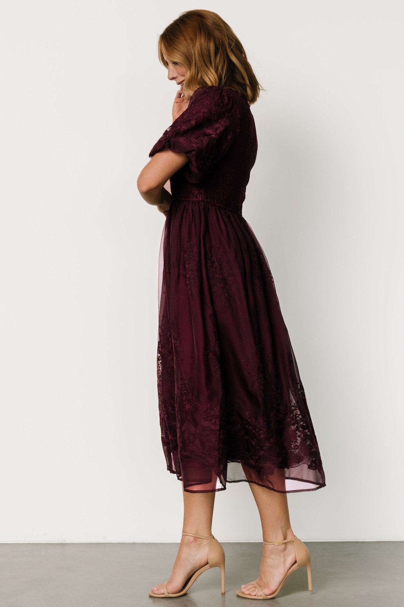 Floral Embroidered Midi Dress in Mulberry | Corrine Georgette