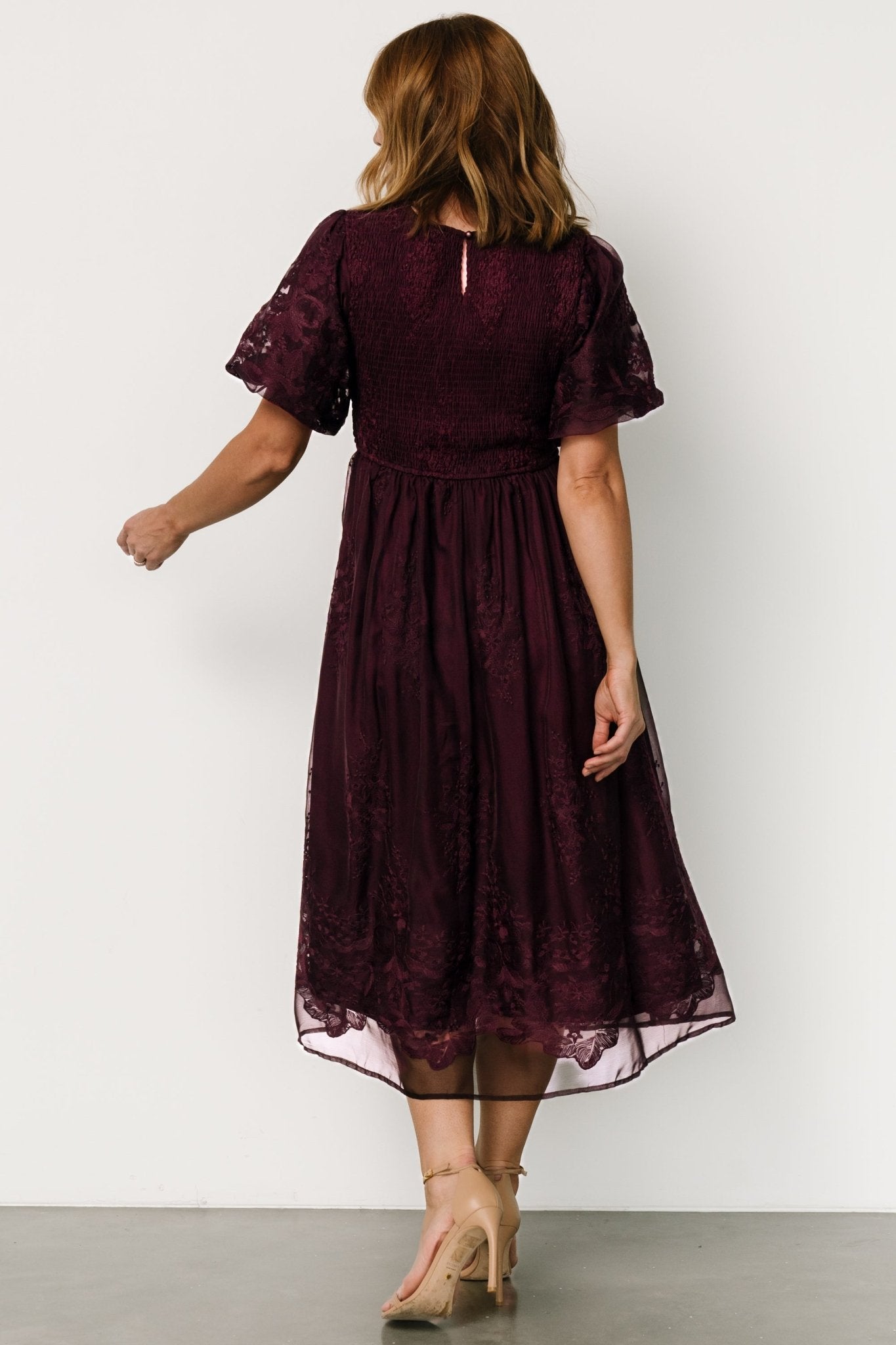 Floral Embroidered Midi Dress in Mulberry | Corrine Georgette