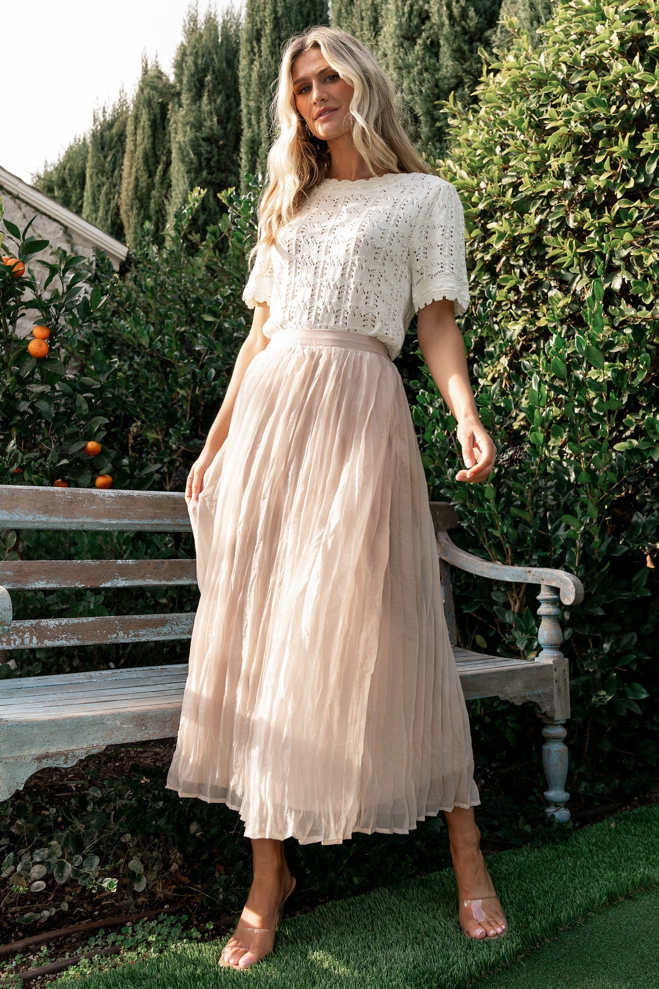 Baltic Born Natural Pleated Midi Skirt with Smocked Waist