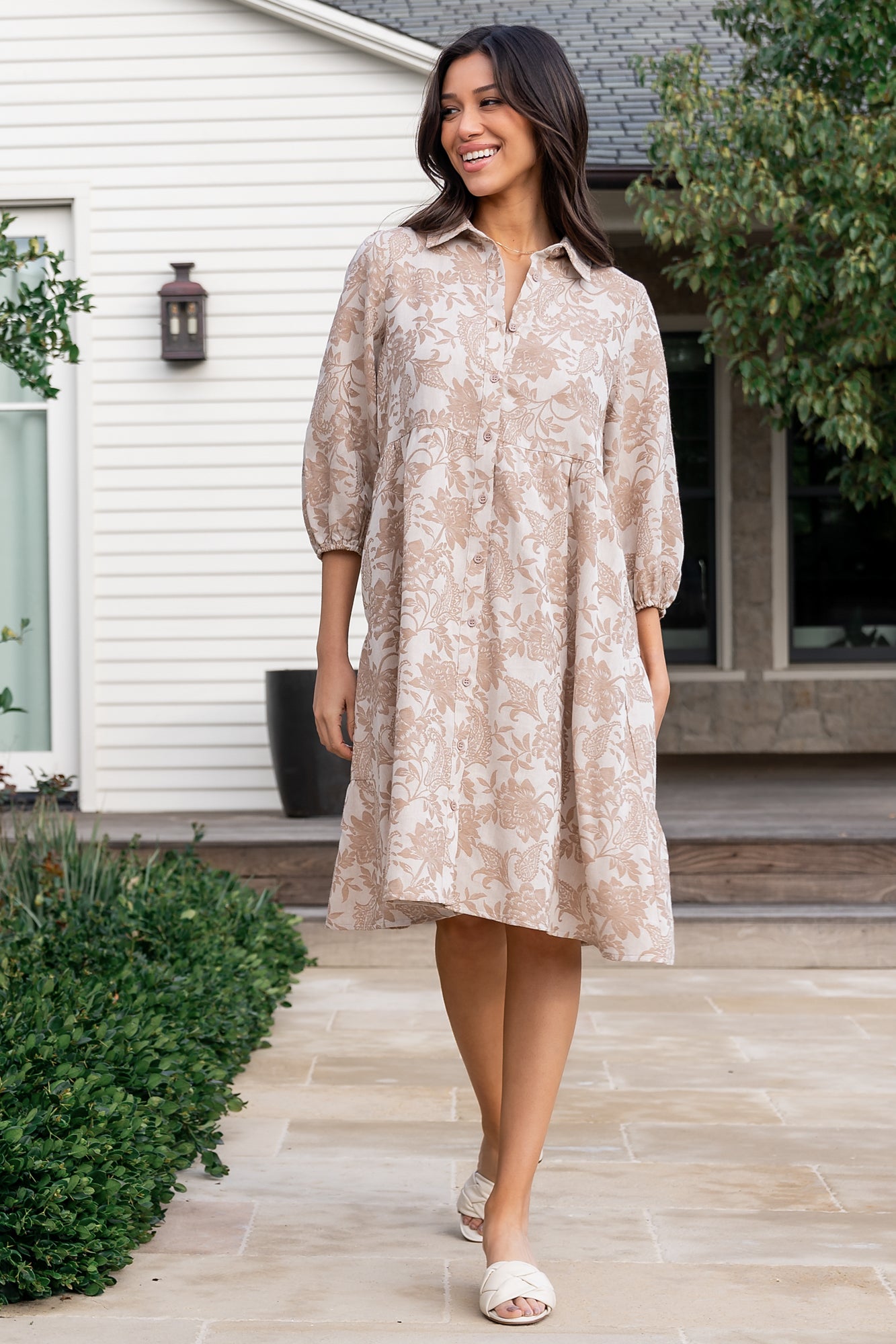 Baltic Born Dakota Taupe Print Nursing Friendly Babydoll Dress