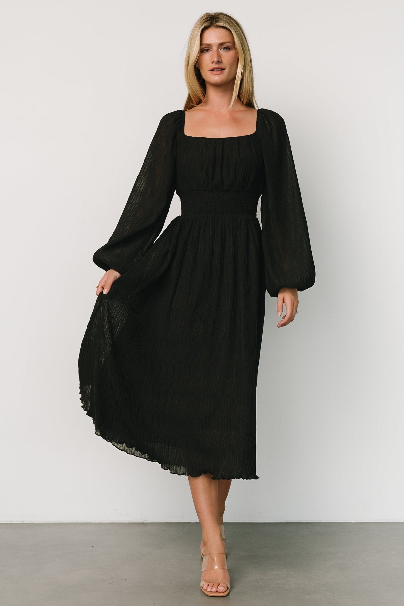 Baltic Born Dalton Black Pleated Midi Dress with Ruffled Hem
