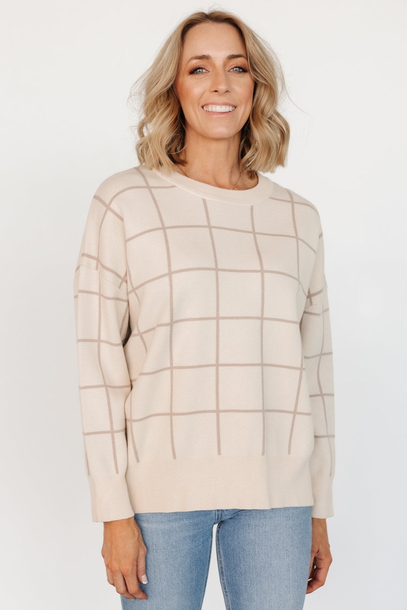 Alden Women's Oatmeal Knit Sweater with Taupe Windowpane