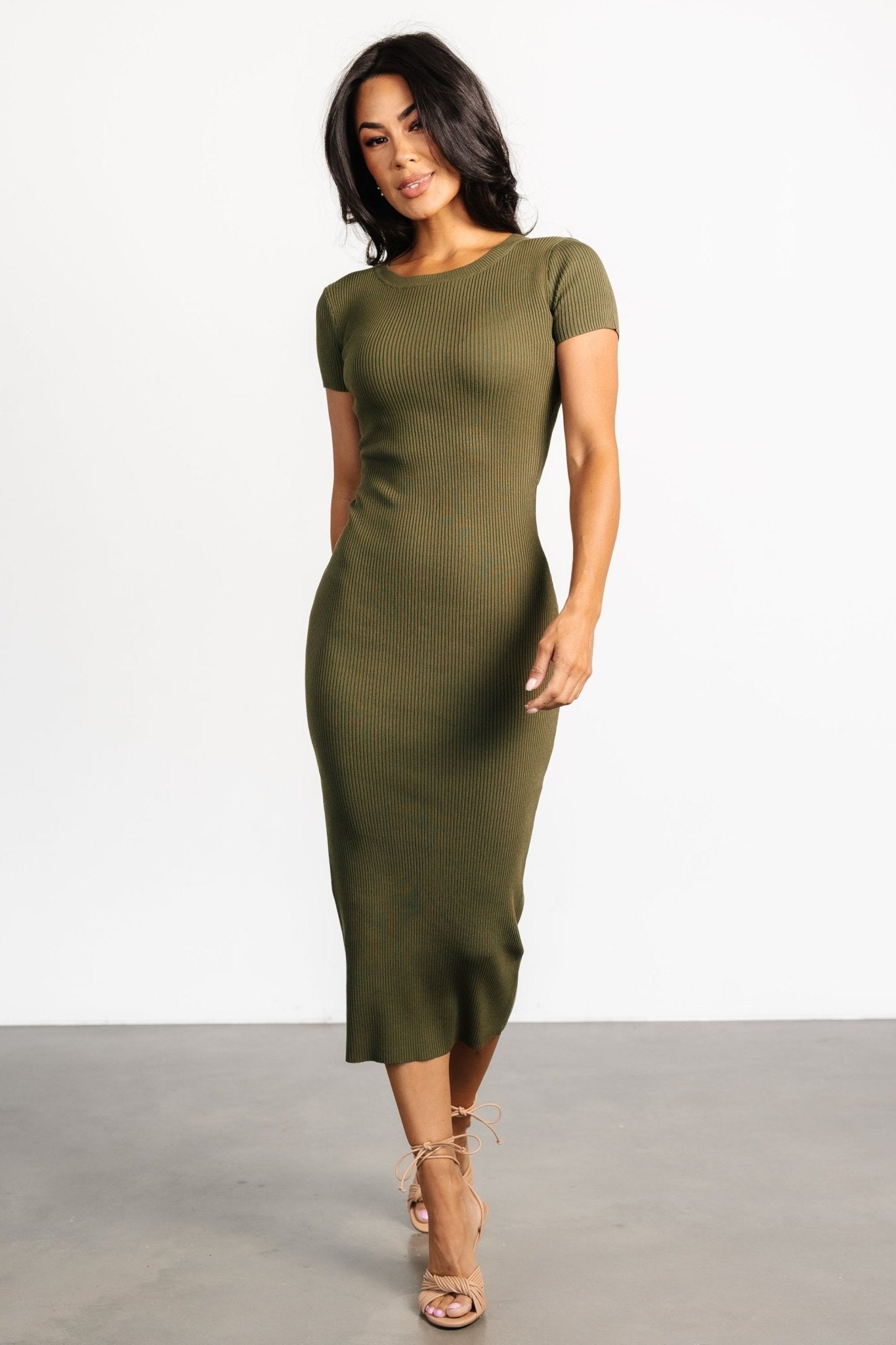 Baltic Born Olive Ribbed Midi Dress with Cap Sleeves