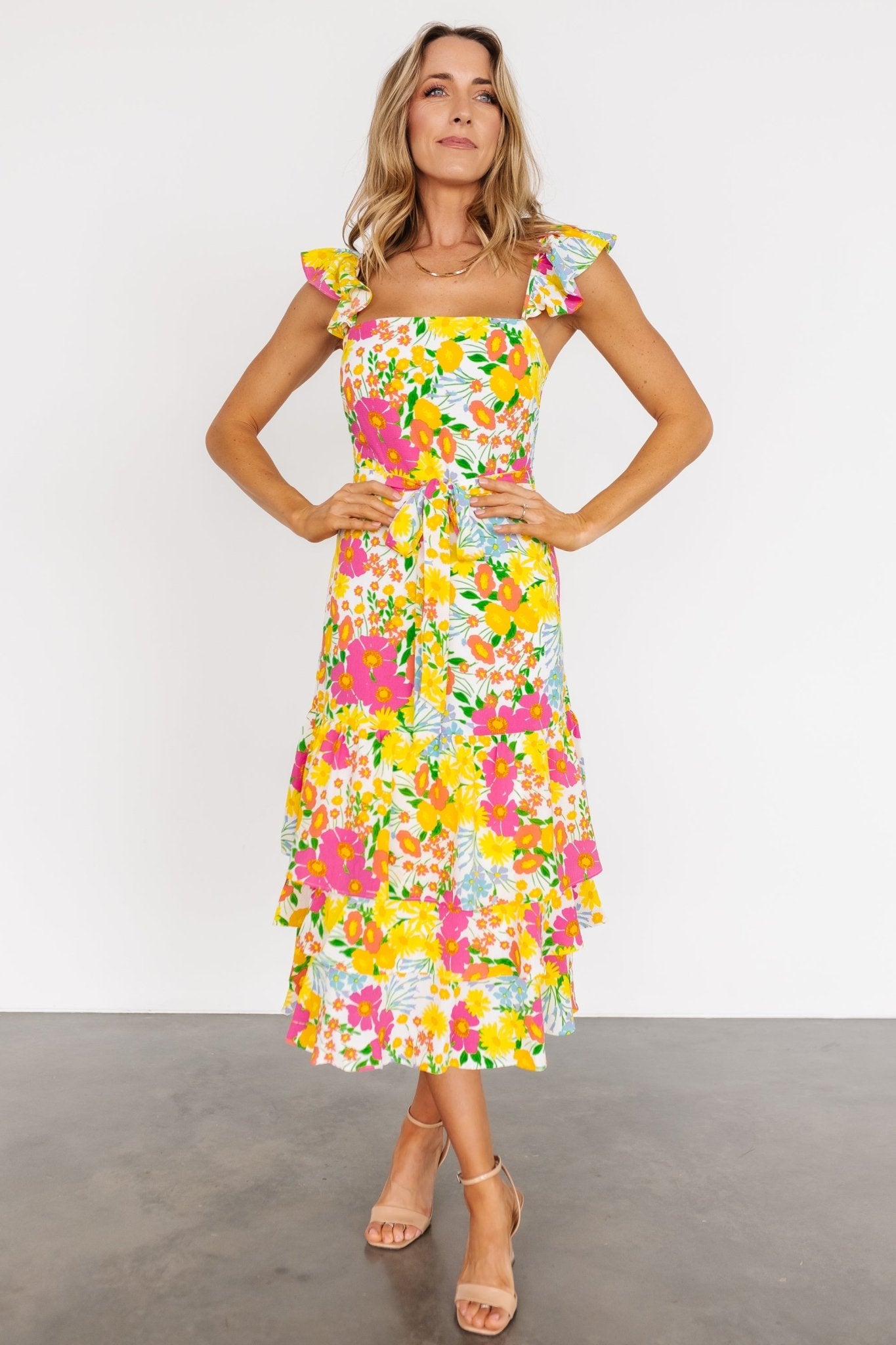 Baltic Born Dani Ruffle Floral Midi Dress with Adjustable Straps