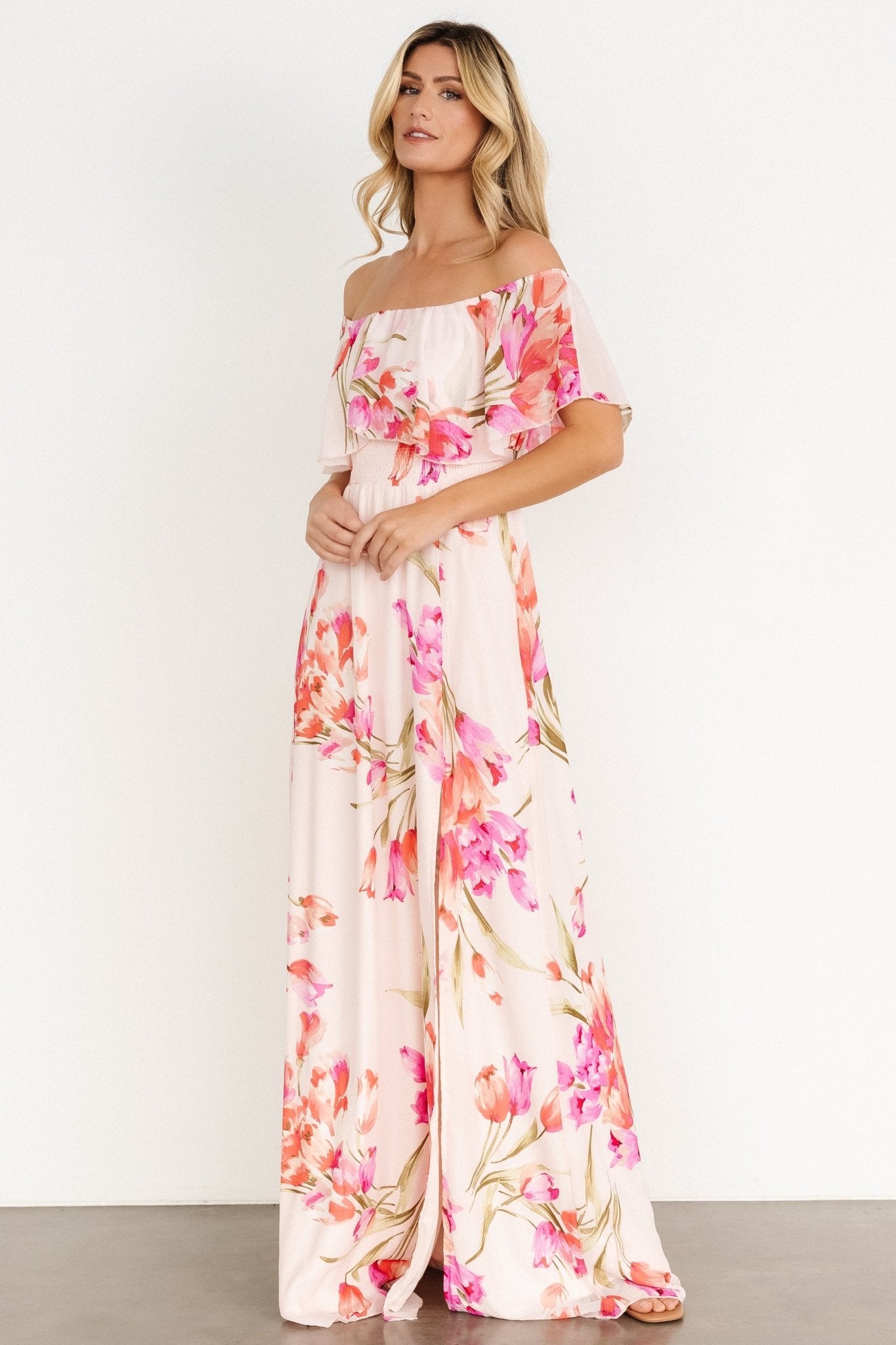 Baltic Born Daphne Floral Off Shoulder Maxi Dress in Blush