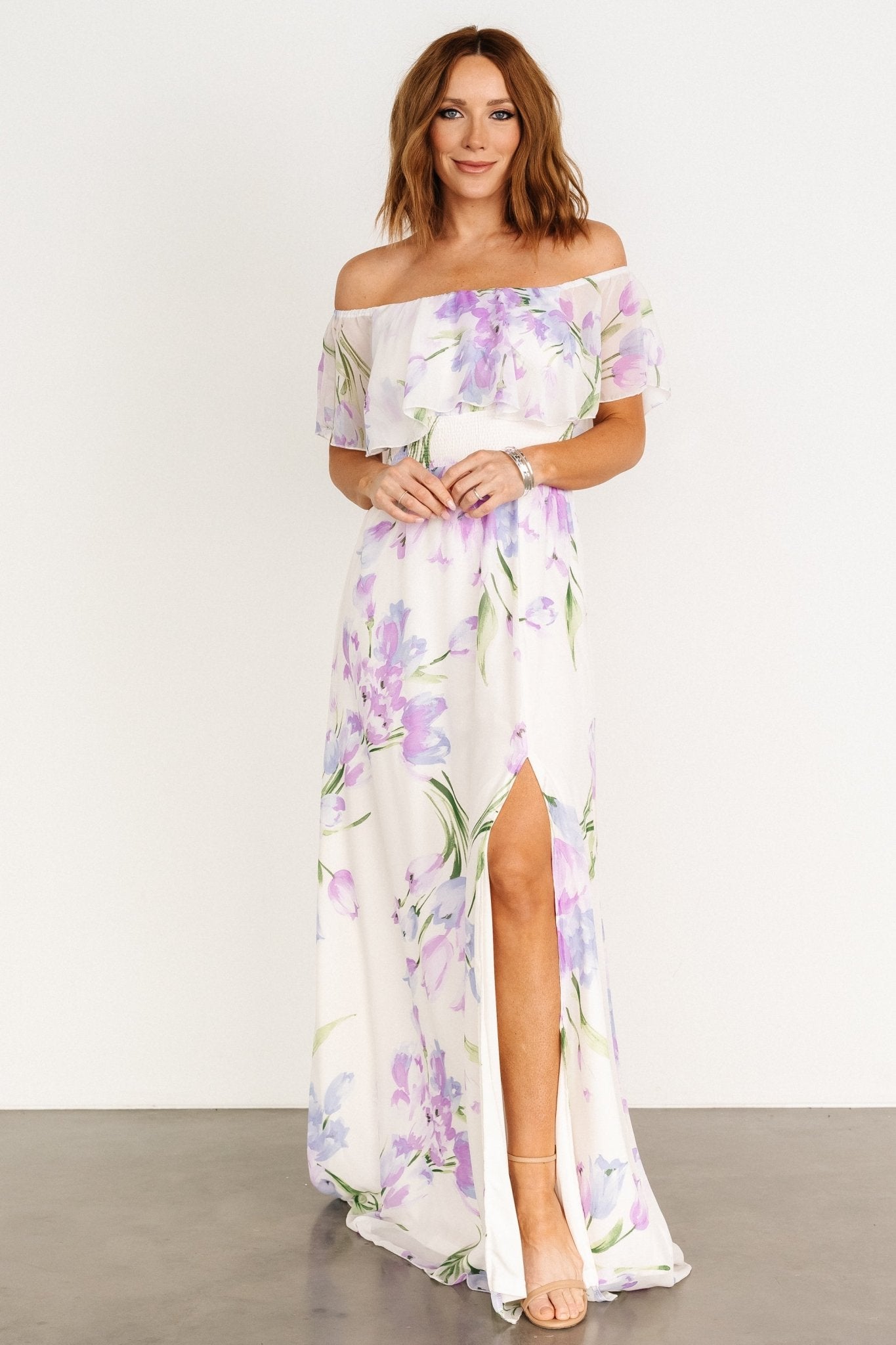 Baltic Born Daphne Floral Off Shoulder Maxi Dress in Ivory