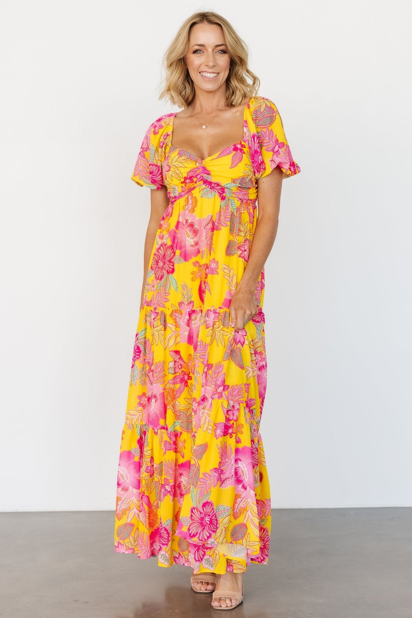 Yellow Pink Floral Maxi Dress with Sweetheart Neckline - Baltic Born