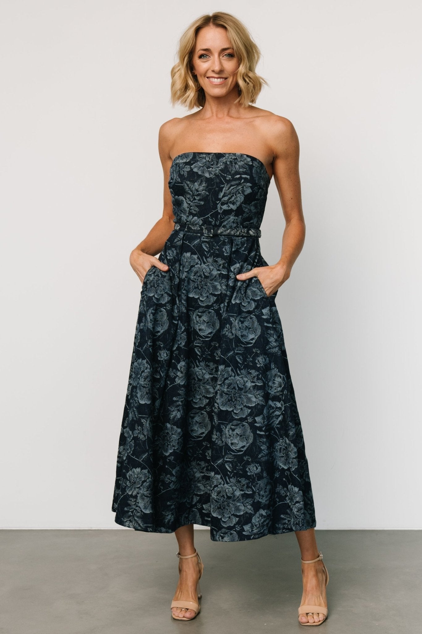Baltic Born Dark Blue Strapless Denim Dress with Floral Pattern