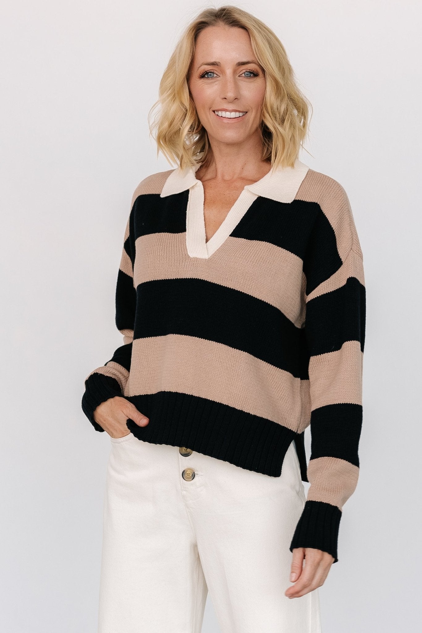 Alec Striped Cotton Sweater - Black & Mocha V-Neck Long Sleeve
