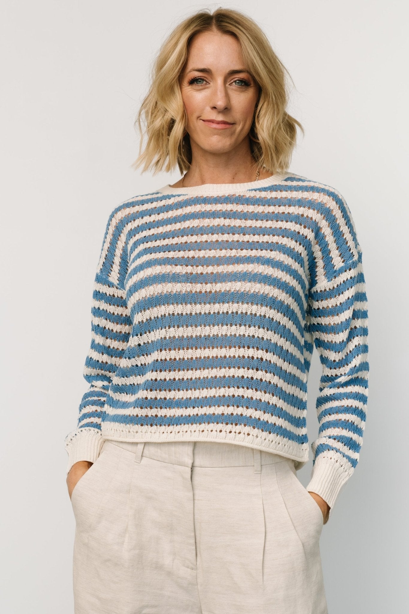 Dawn Blue & Ivory Striped Open Knit Cropped Top