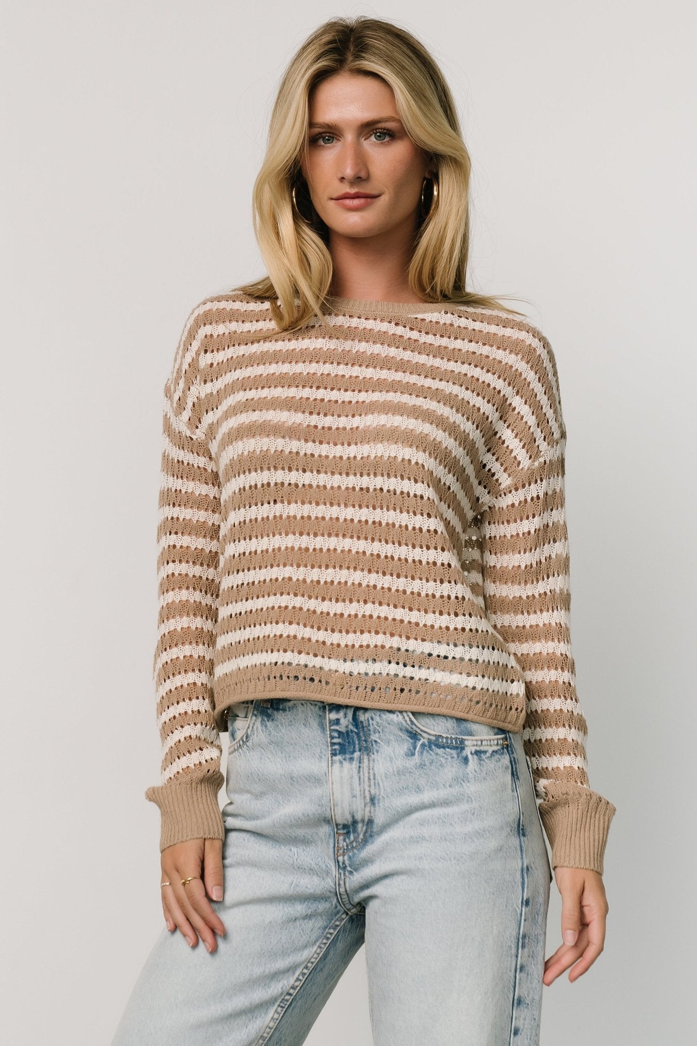Dawn Open Knit Cropped Top in Taupe & Ivory Stripes