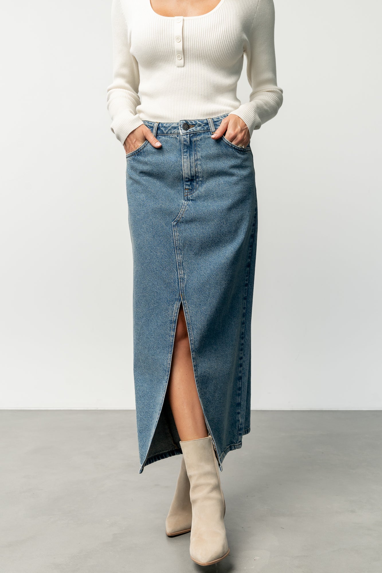 Aleksa Denim Midi Skirt with Pockets | Medium Wash Cotton