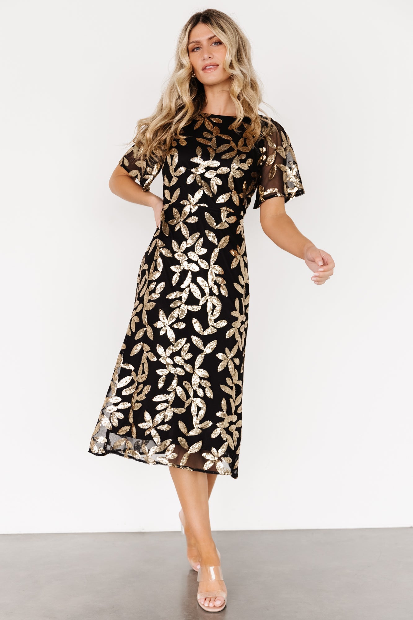 Black & Gold Sequin Midi Dress by Baltic Born | Sparkly Evening Wear