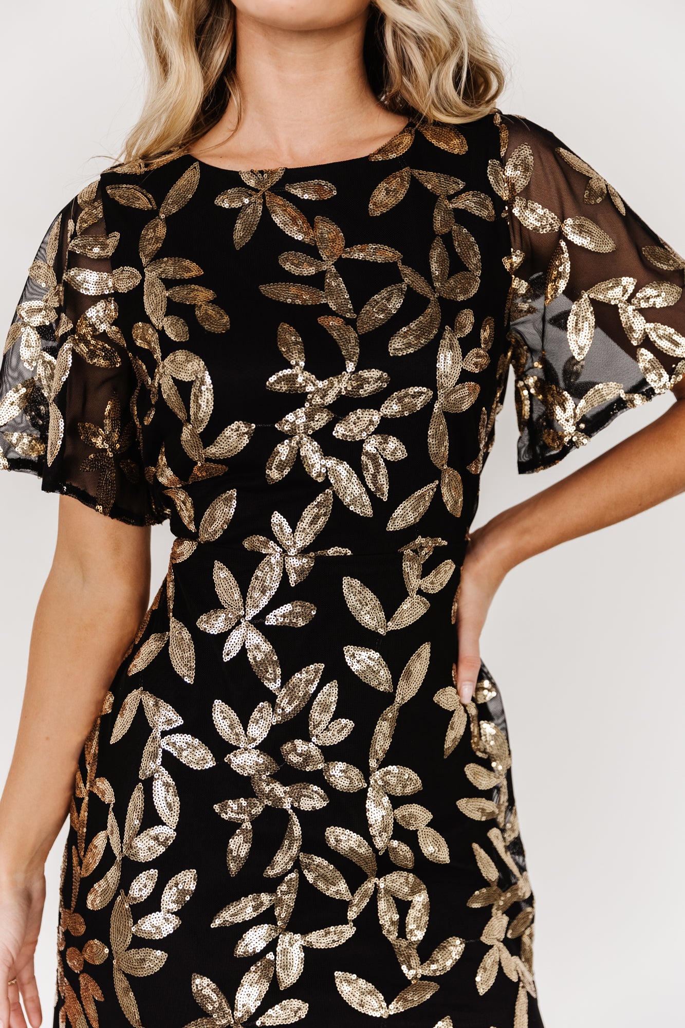 Black & Gold Sequin Midi Dress by Baltic Born | Sparkly Evening Wear