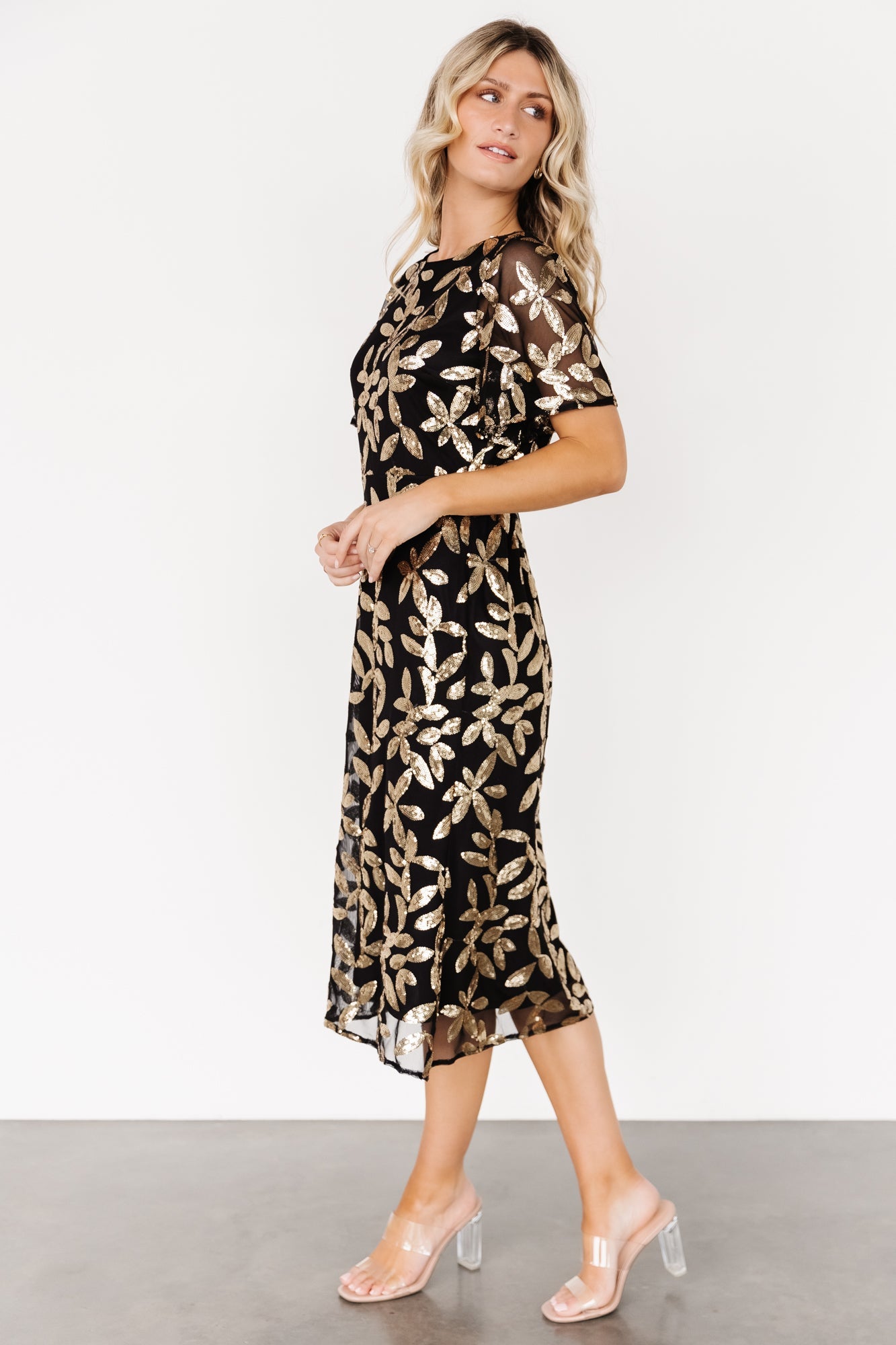Black & Gold Sequin Midi Dress by Baltic Born | Sparkly Evening Wear