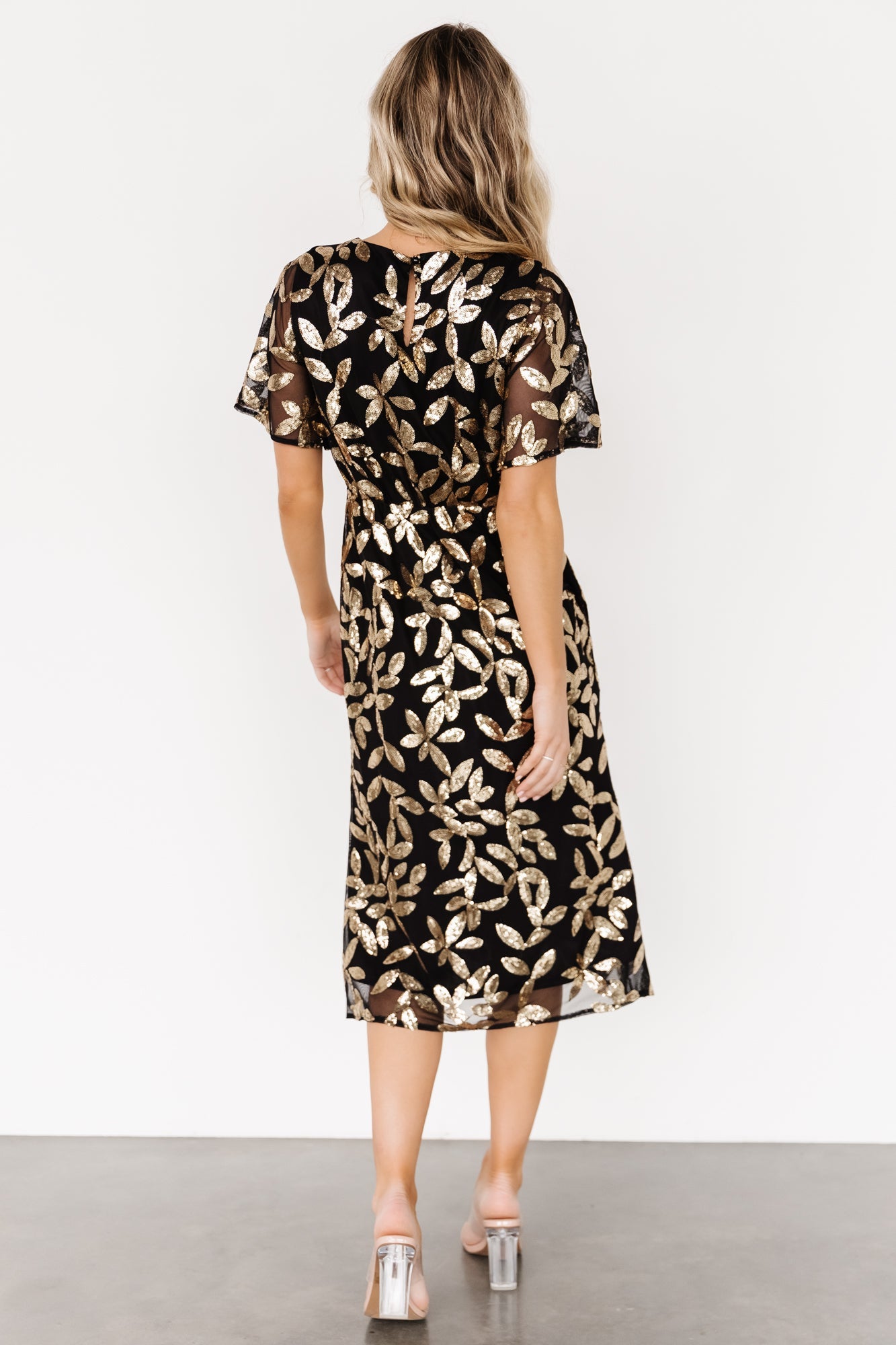 Black & Gold Sequin Midi Dress by Baltic Born | Sparkly Evening Wear