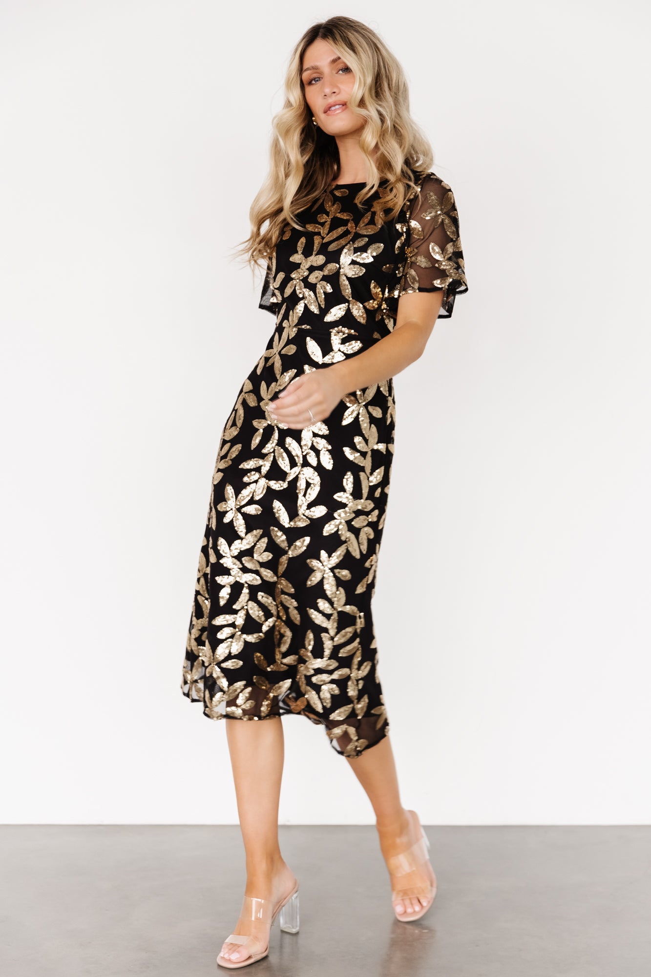 Black & Gold Sequin Midi Dress by Baltic Born | Sparkly Evening Wear