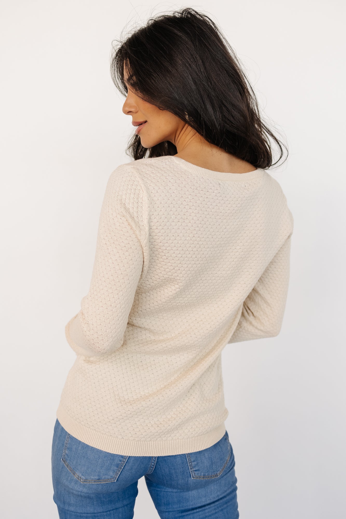Cream Cotton Knit Top - Debbie Ribbed Round Neck Tee