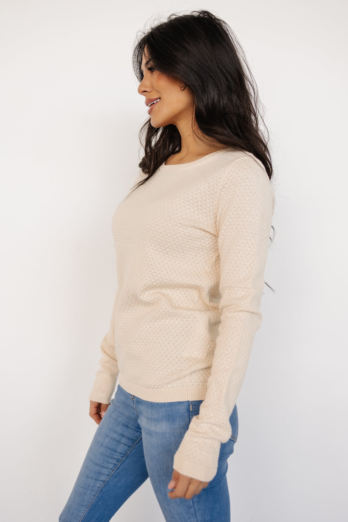 Cream Cotton Knit Top - Debbie Ribbed Round Neck Tee