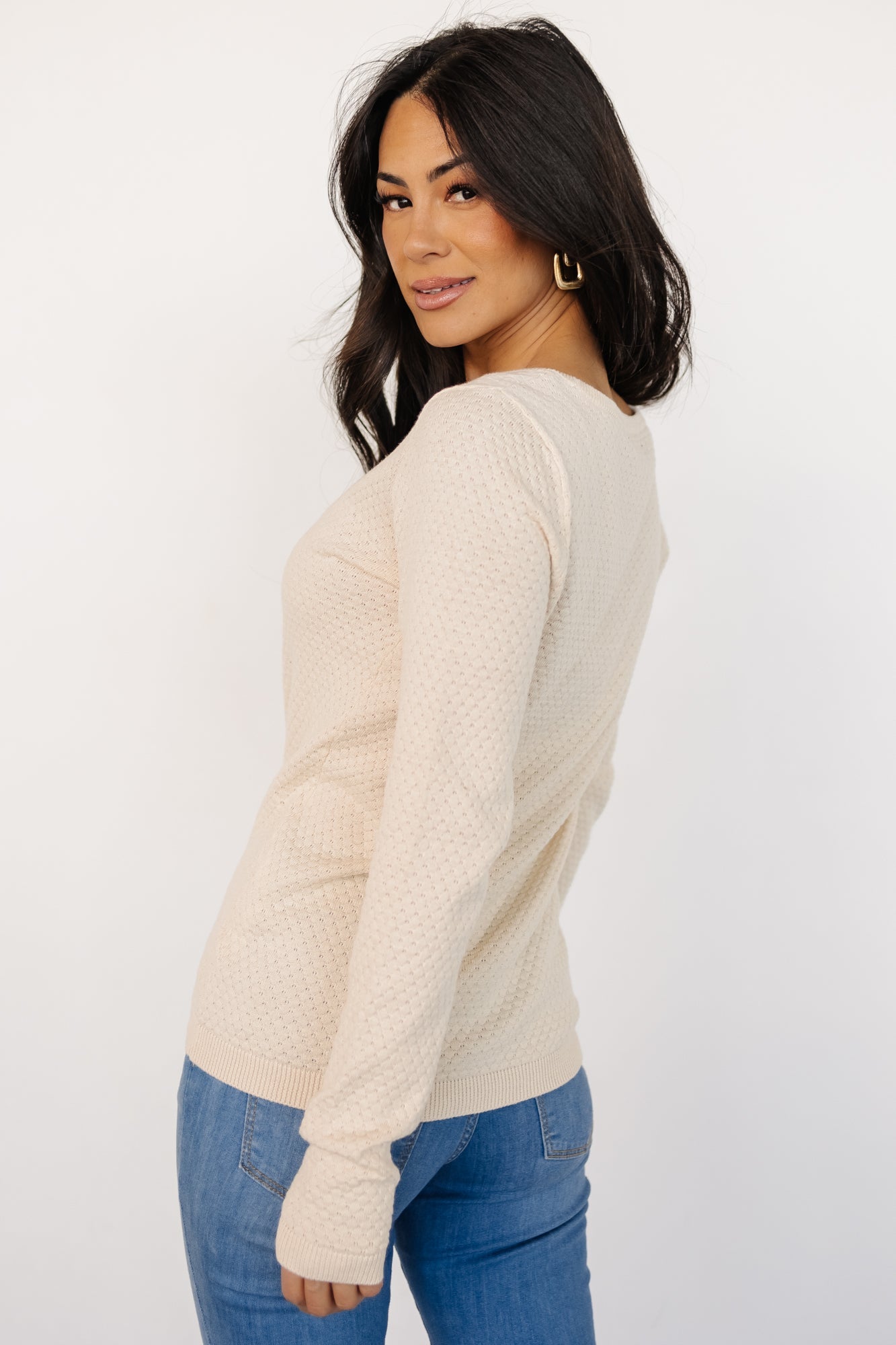 Cream Cotton Knit Top - Debbie Ribbed Round Neck Tee